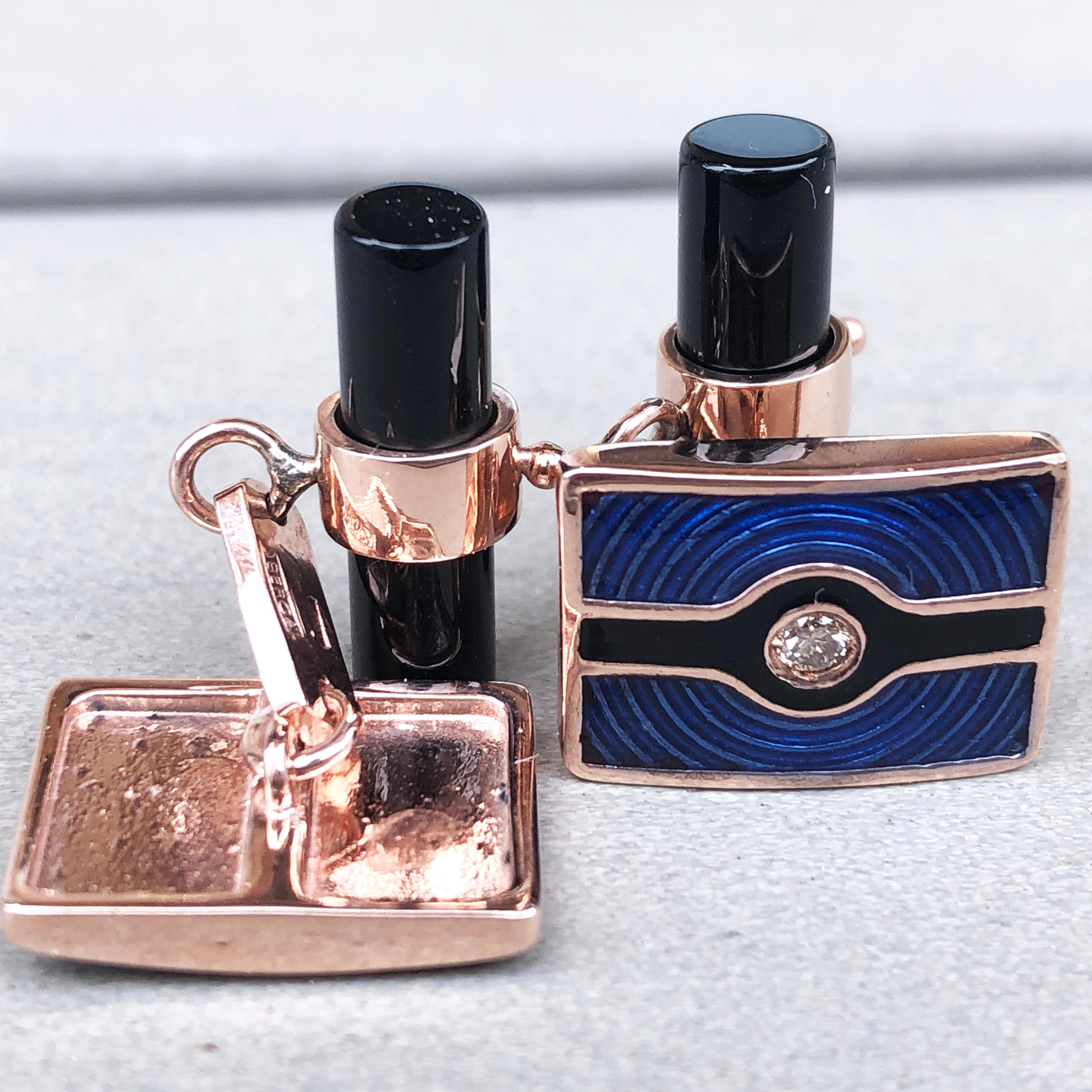 Berca Navy Blue Black Enameled White Diamond Rose Gold Onyx Baton Back Cufflinks In New Condition For Sale In Valenza, IT