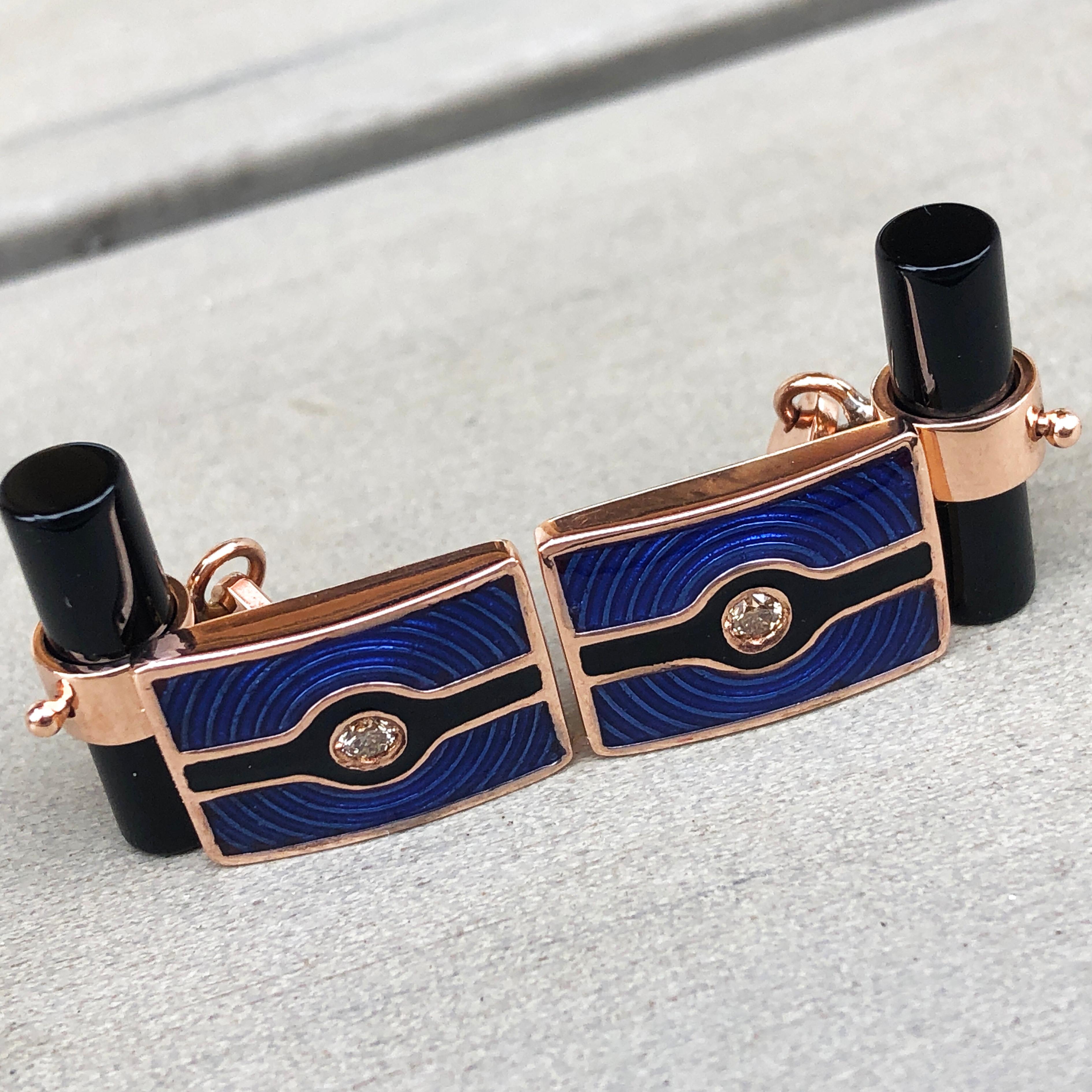 Men's Berca Navy Blue Black Enameled White Diamond Rose Gold Onyx Baton Back Cufflinks For Sale