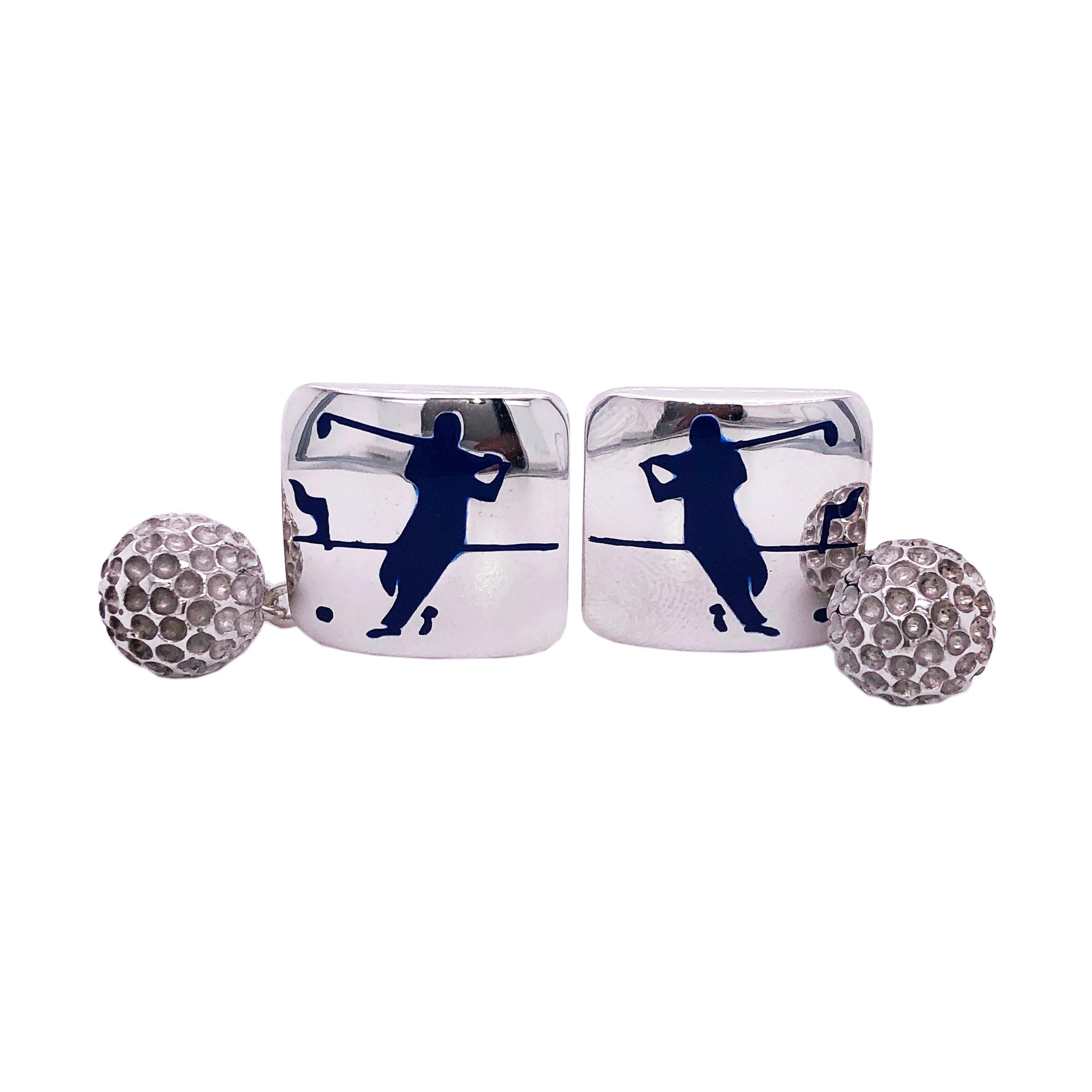 Berca Navy Blue Enameled Golf Player Little Ball Solid Sterling Silver Cufflinks For Sale