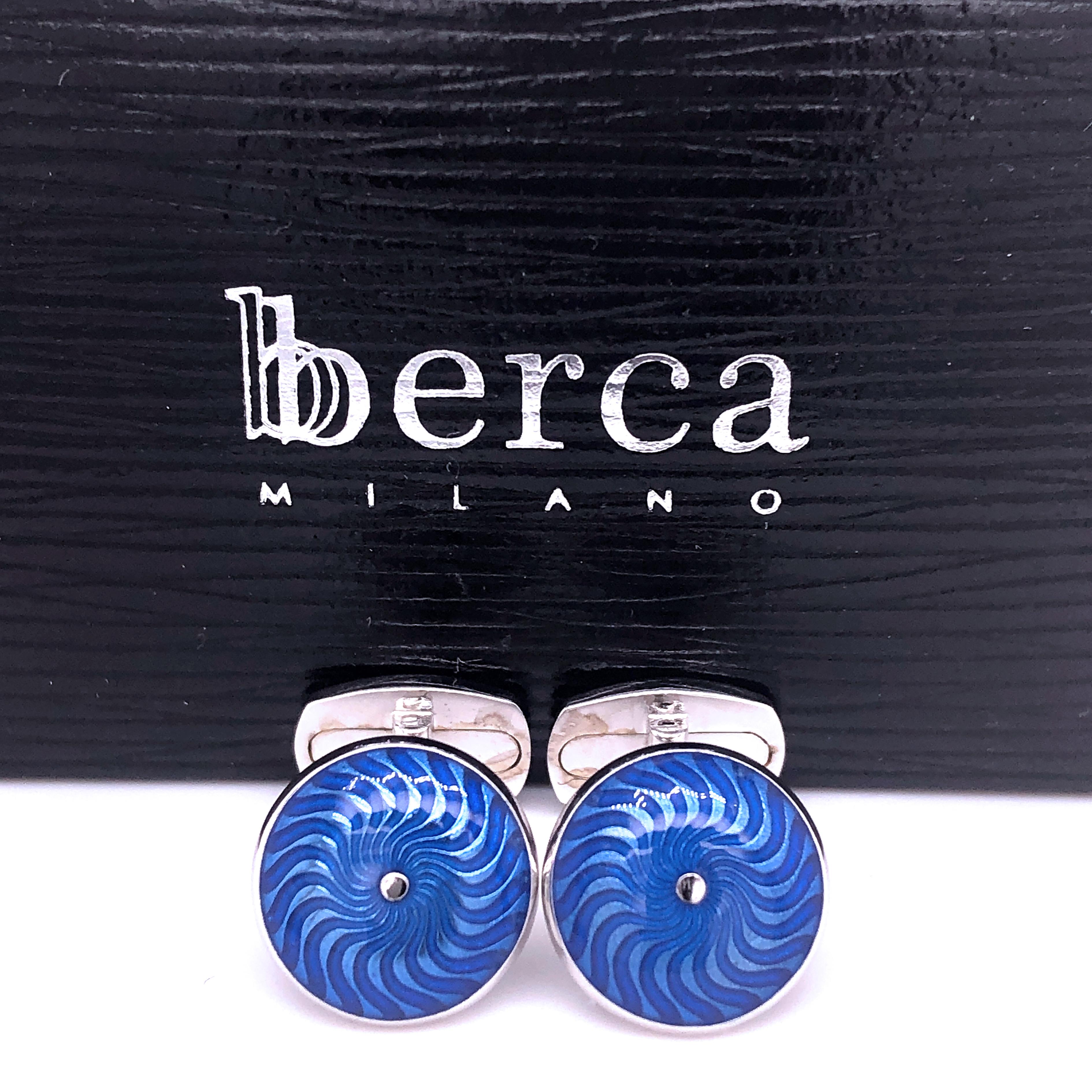 Unique, absolutely Chic yet Timeless Navy Blue Guilloché Hand Enamelled Round Cabochon Shaped Sterling Silver Setting Cufflinks.
In our fitted Black Box and Pouch.