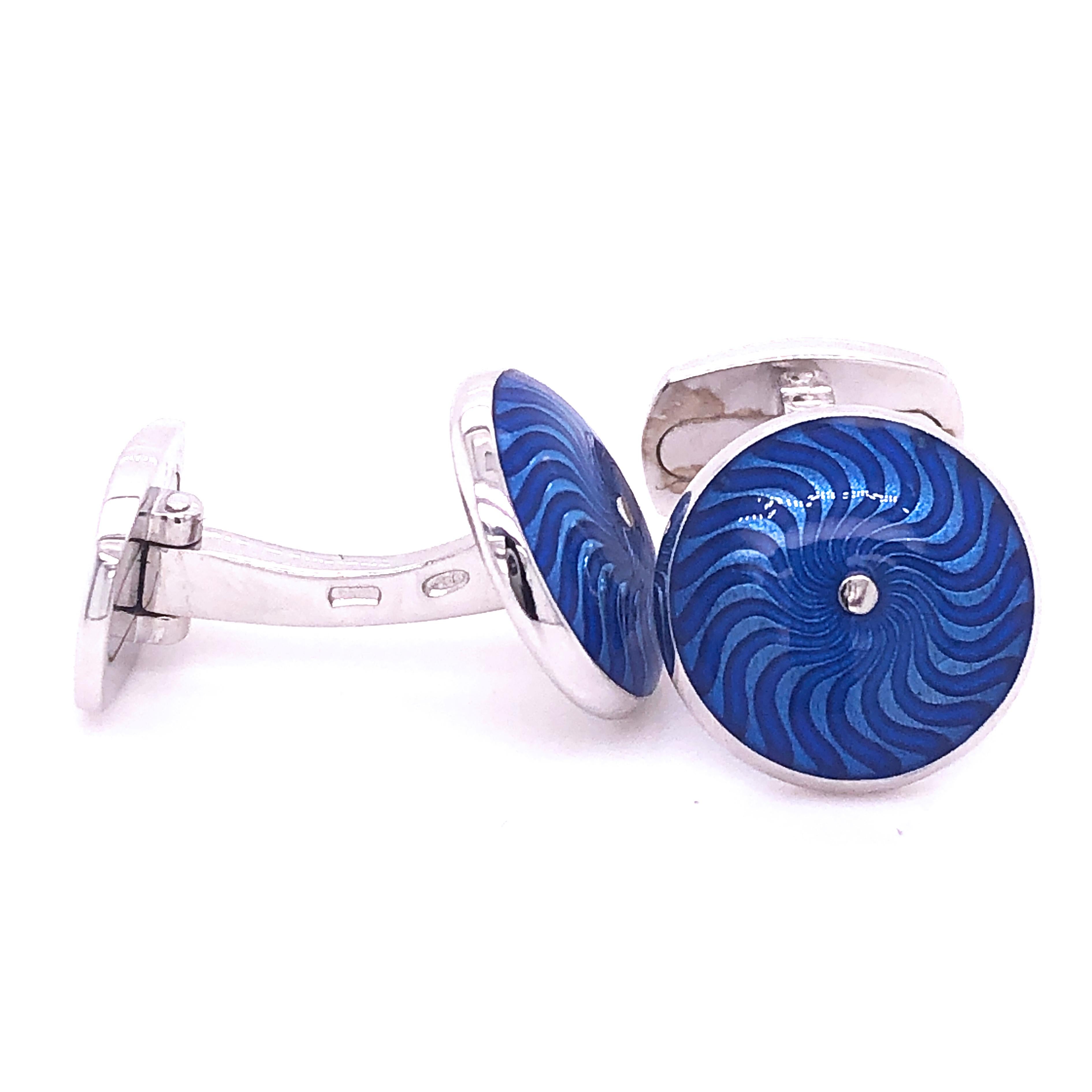 Contemporary Berca Navy Blue Guilloché Hand Enameled Sterling Silver Cufflinks