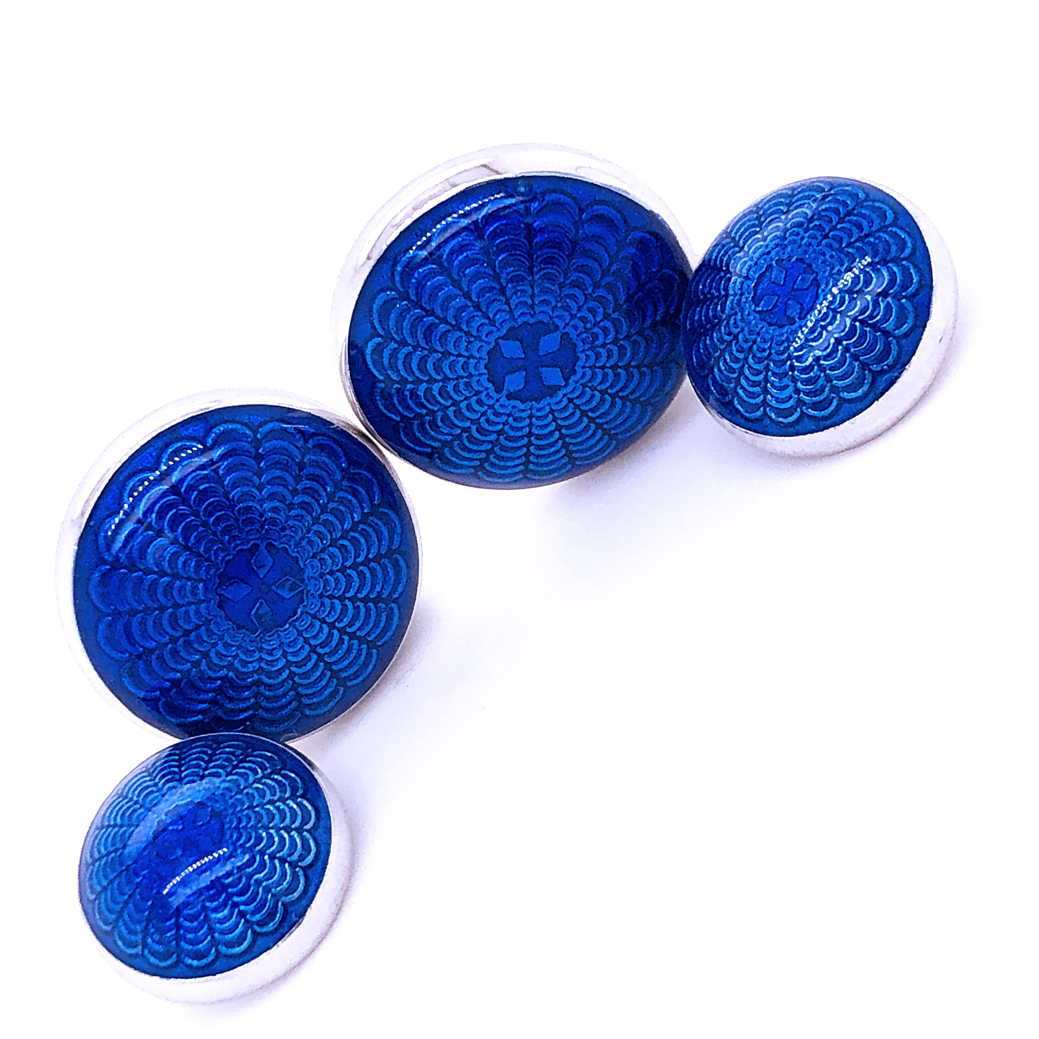 Berca Navy Blue Guilloché Hand Enameled Sterling Silver Cufflinks In New Condition In Valenza, IT