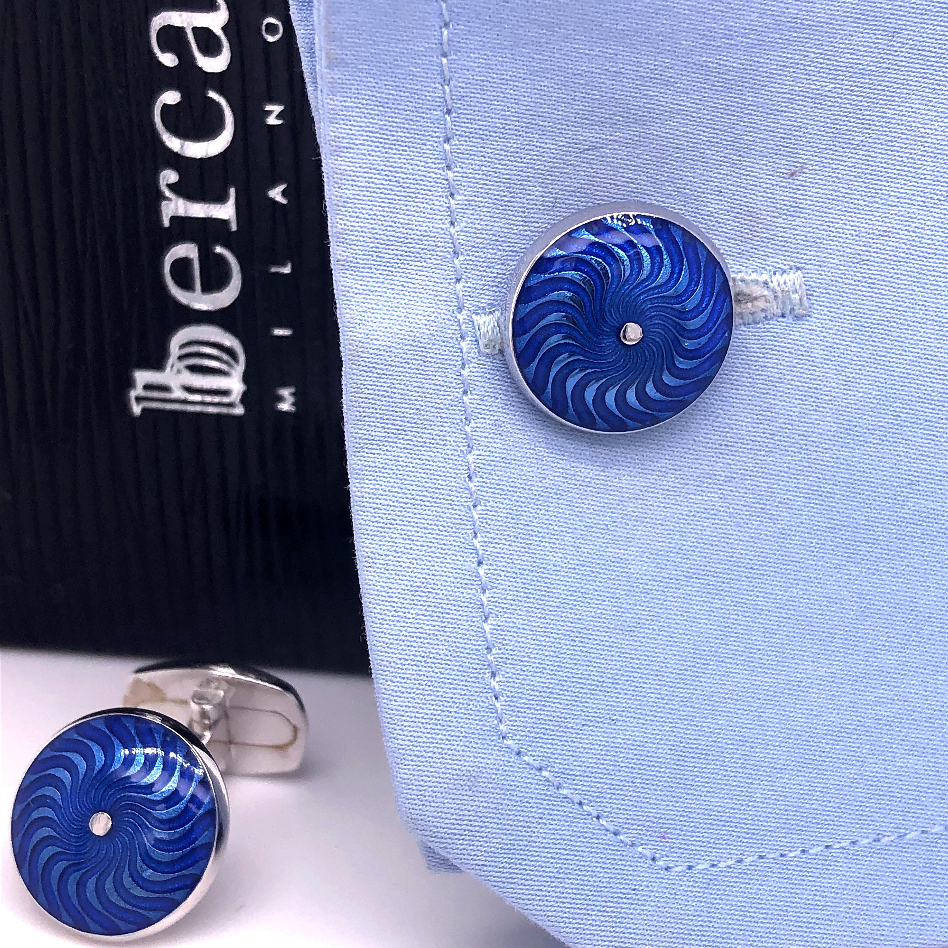 Berca Navy Blue Guilloché Hand Enameled Sterling Silver Cufflinks In New Condition In Valenza, IT