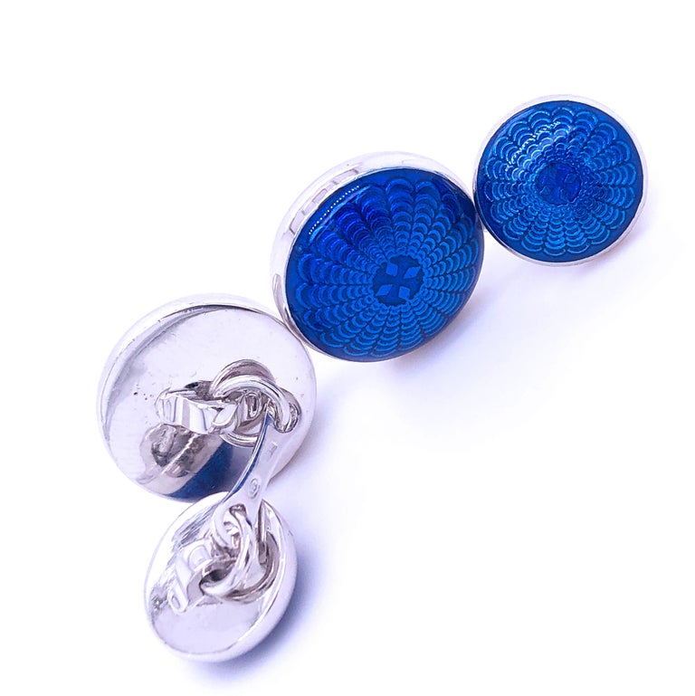 Boutons De Manchette ALEXY - Argent Sterling, Guilloché, émail Bleu Cobalt Et Diamant