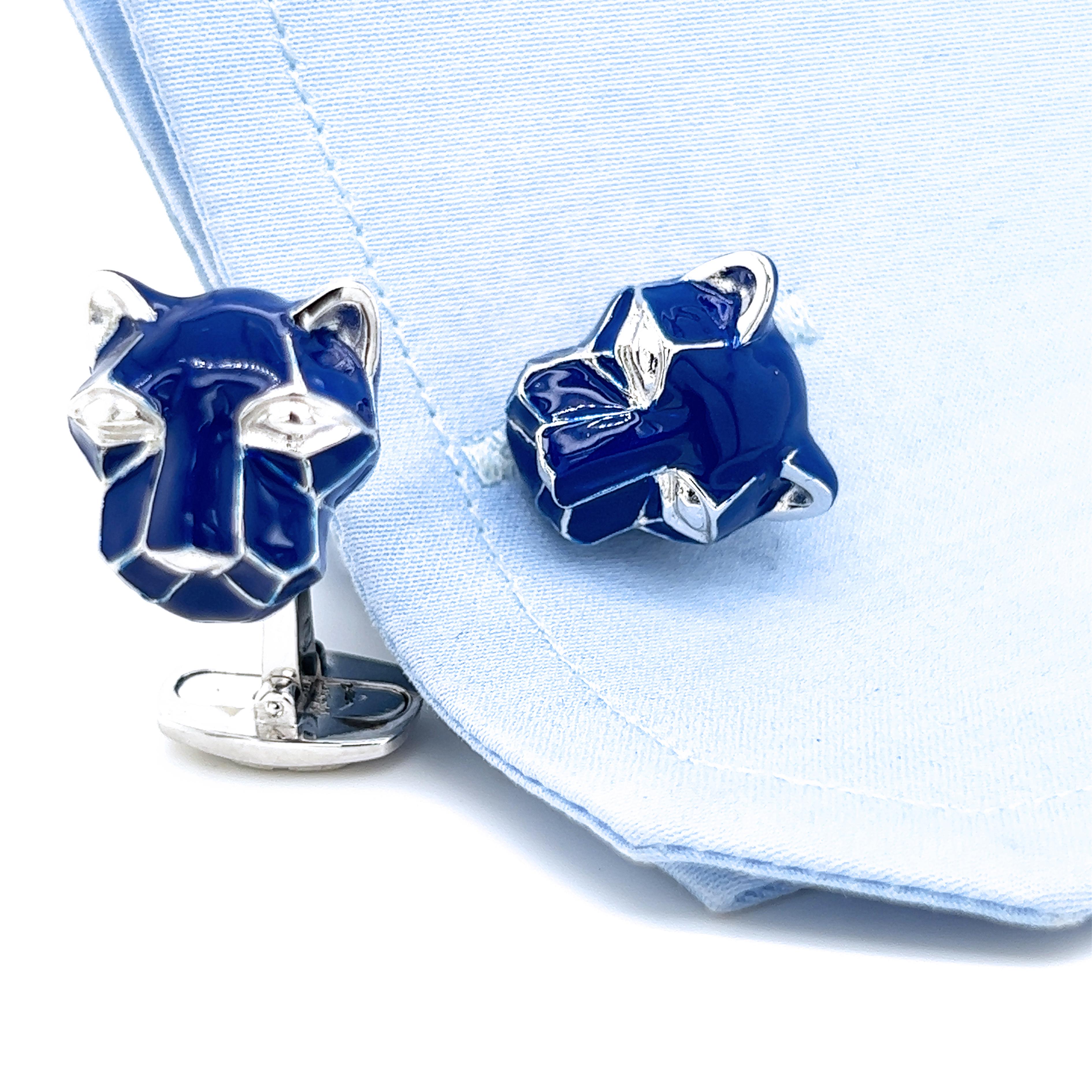 Unique and Chic Handcrafted, Navy Blue Hand Enamelled Cougar Head Shaped T-Bar Back, Sterling Silver Cufflinks.
In our smart fitted tobacco suede leather case and pouch.
