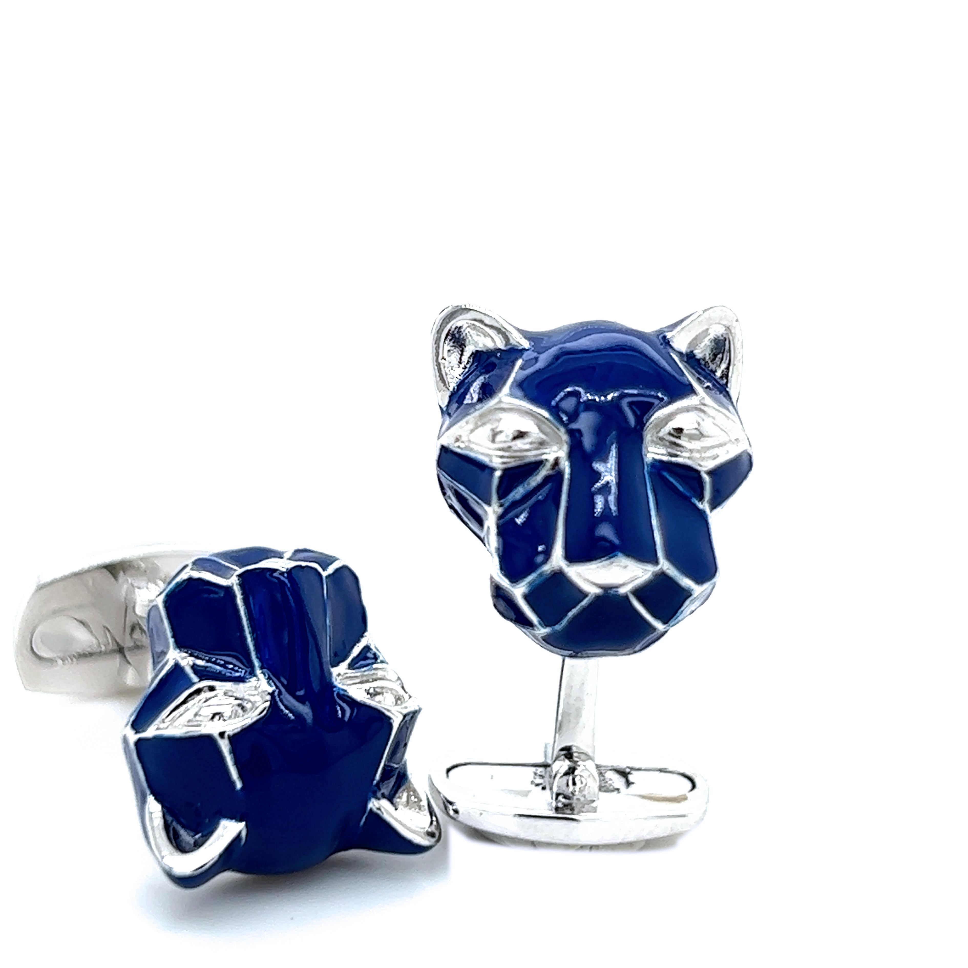 Berca Navy Blue Hand Enameled Cougar Head Shaped Sterling Silver Cufflinks In New Condition In Valenza, IT