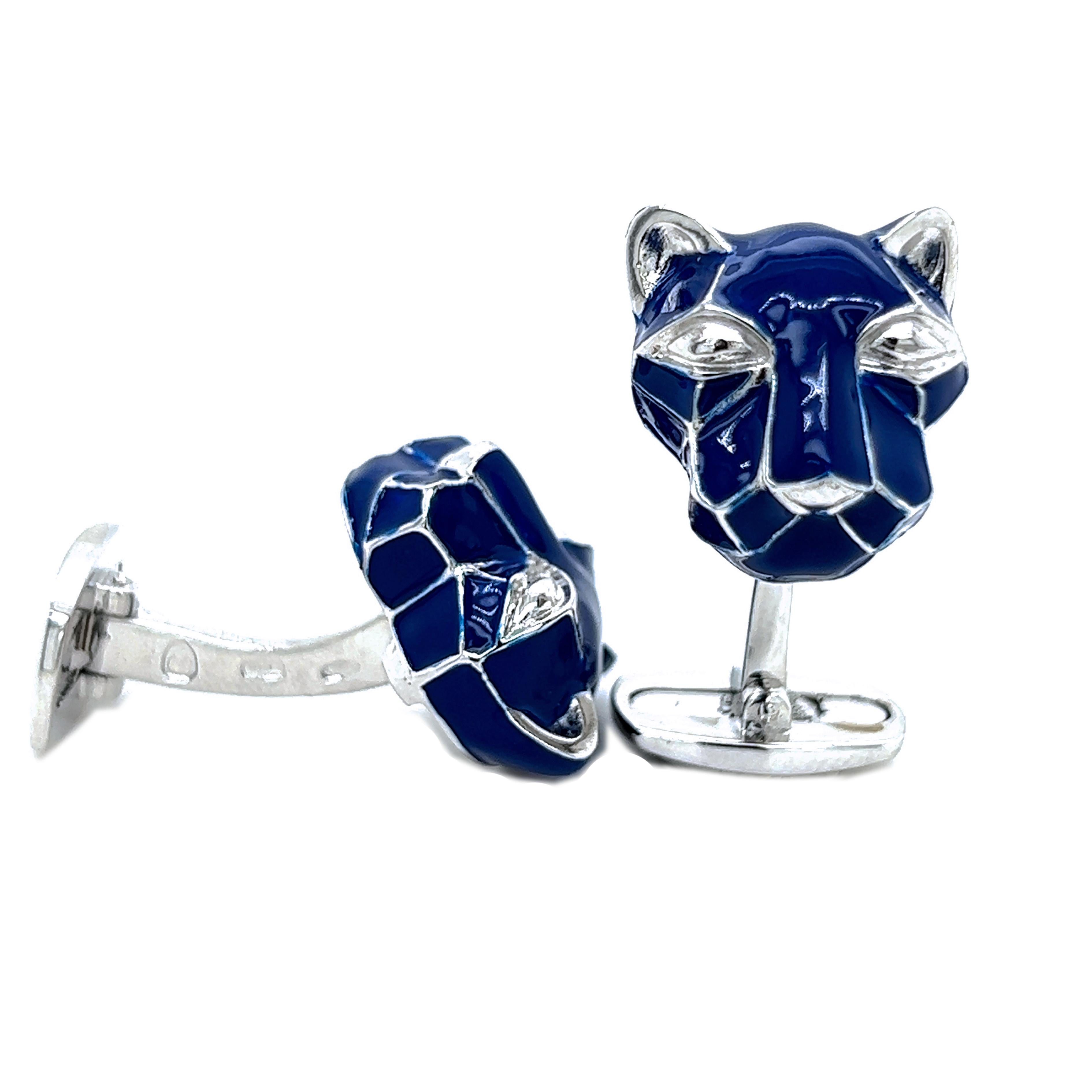 Men's Berca Navy Blue Hand Enameled Cougar Head Shaped Sterling Silver Cufflinks
