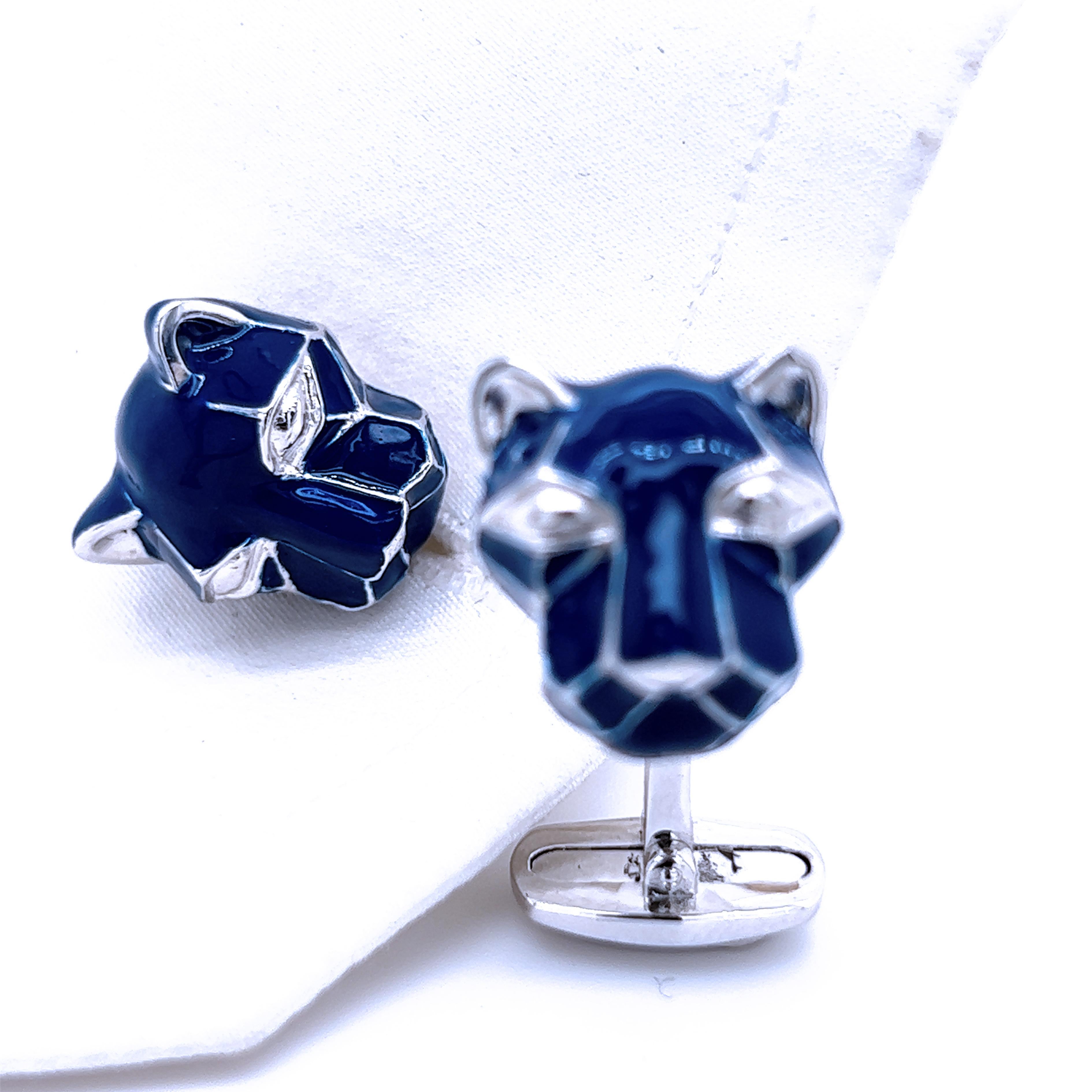Berca Navy Blue Hand Enameled Cougar Head Shaped Sterling Silver Cufflinks 1