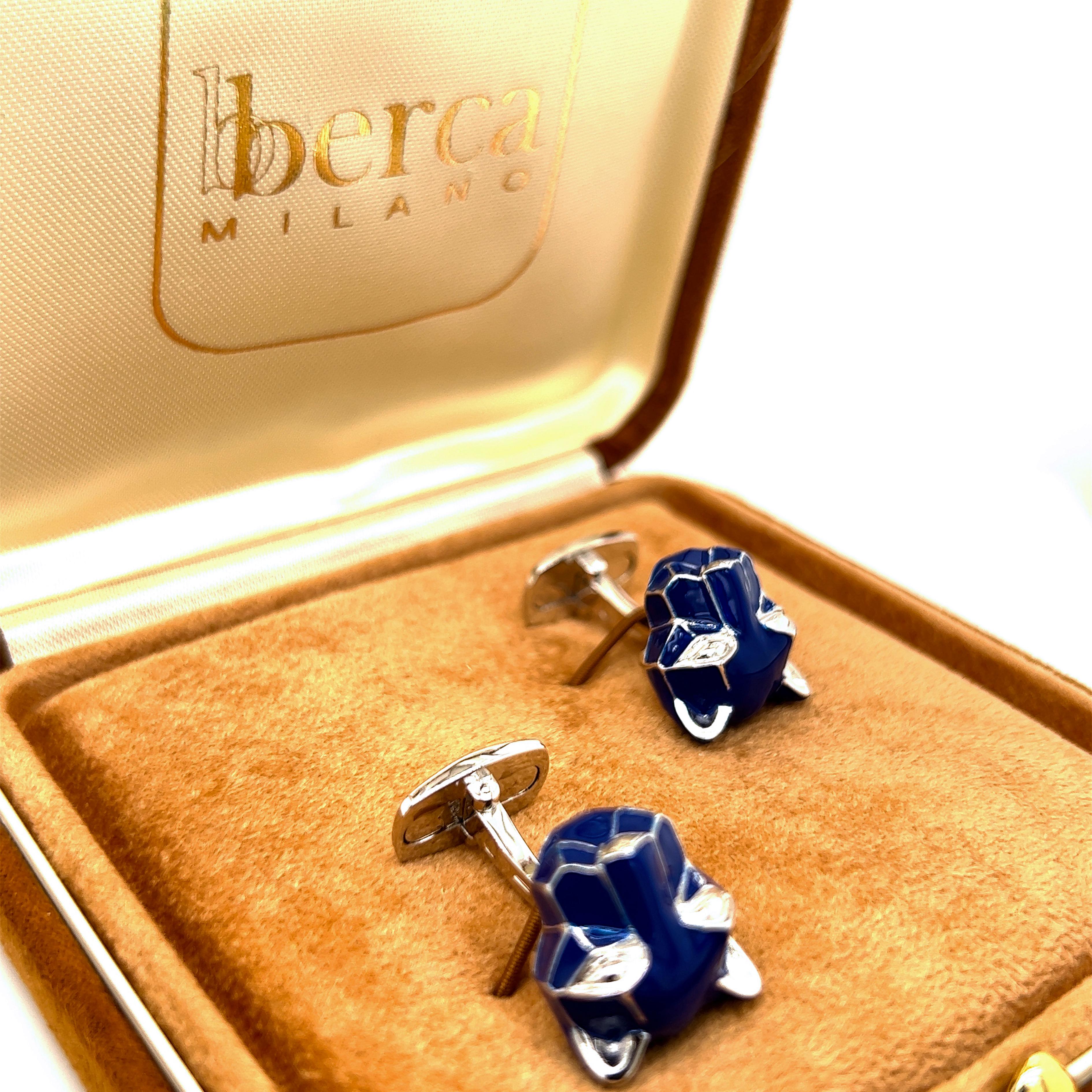 Berca Navy Blue Hand Enameled Cougar Head Shaped Sterling Silver Cufflinks 3