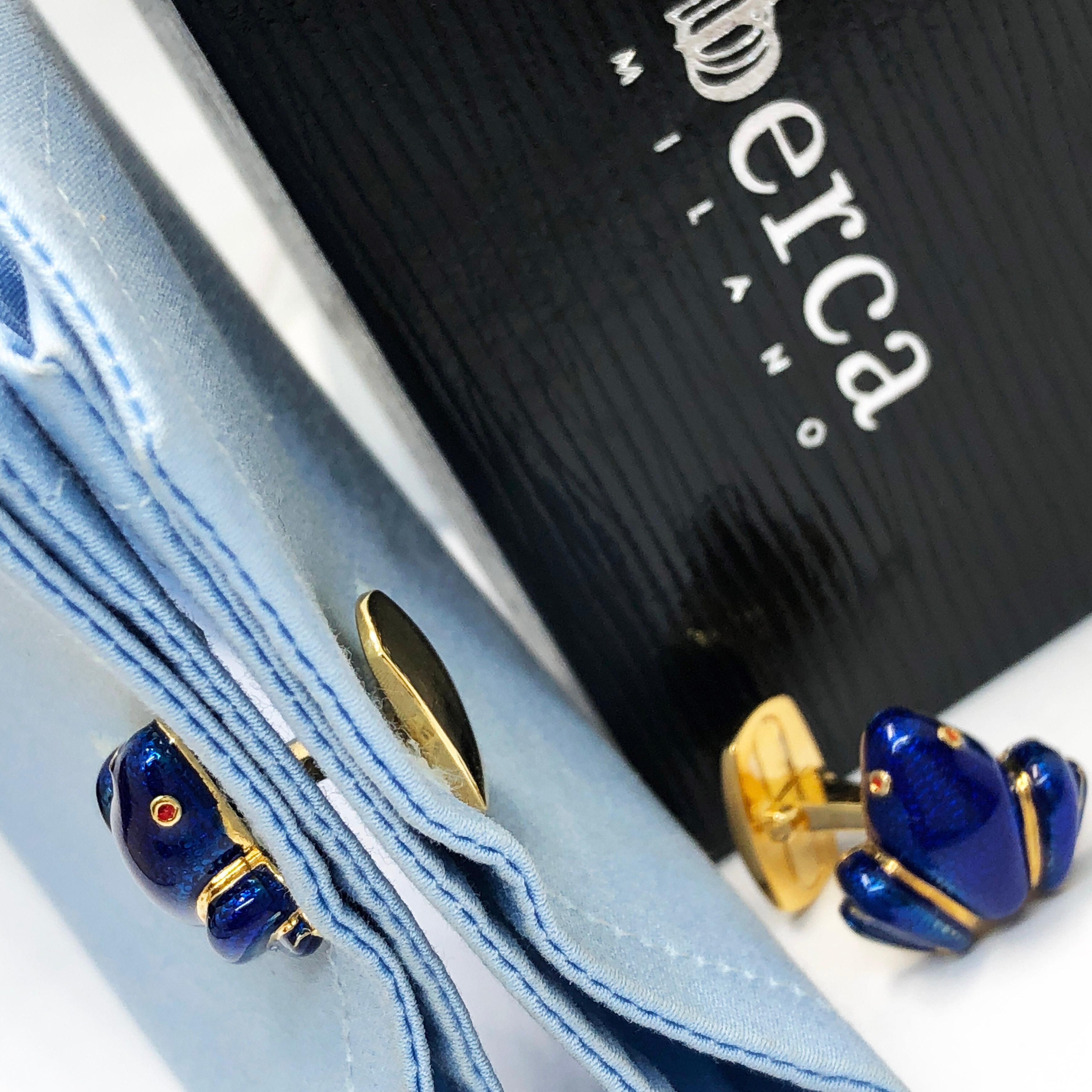 Berca Marineblaue Manschettenknöpfe in Form eines Frosches aus vergoldetem Sterling Silber im Angebot 5