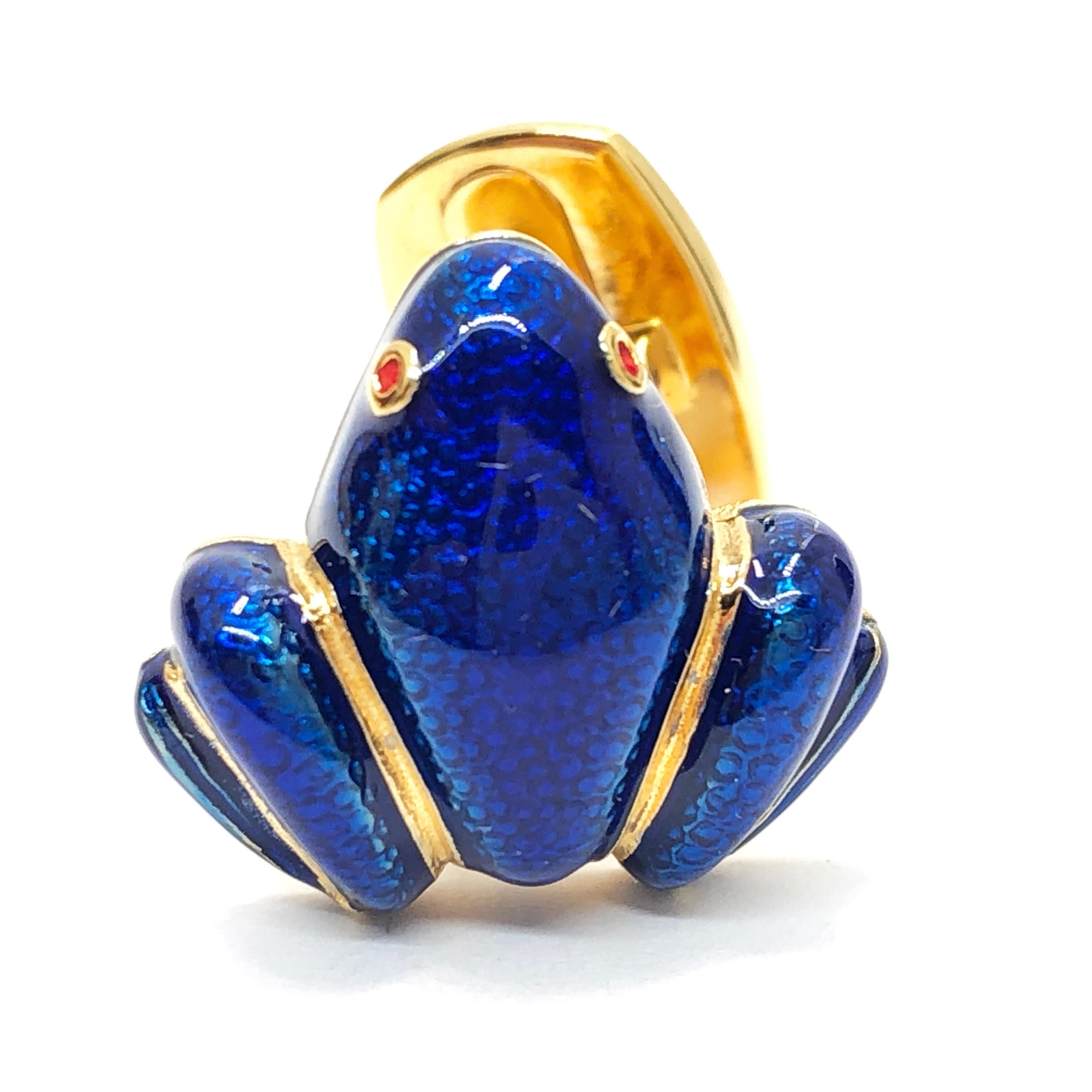 Berca Navy Blue Hand Enameled Frog Shaped Sterling Silver Gold-Plated Cufflinks For Sale 6