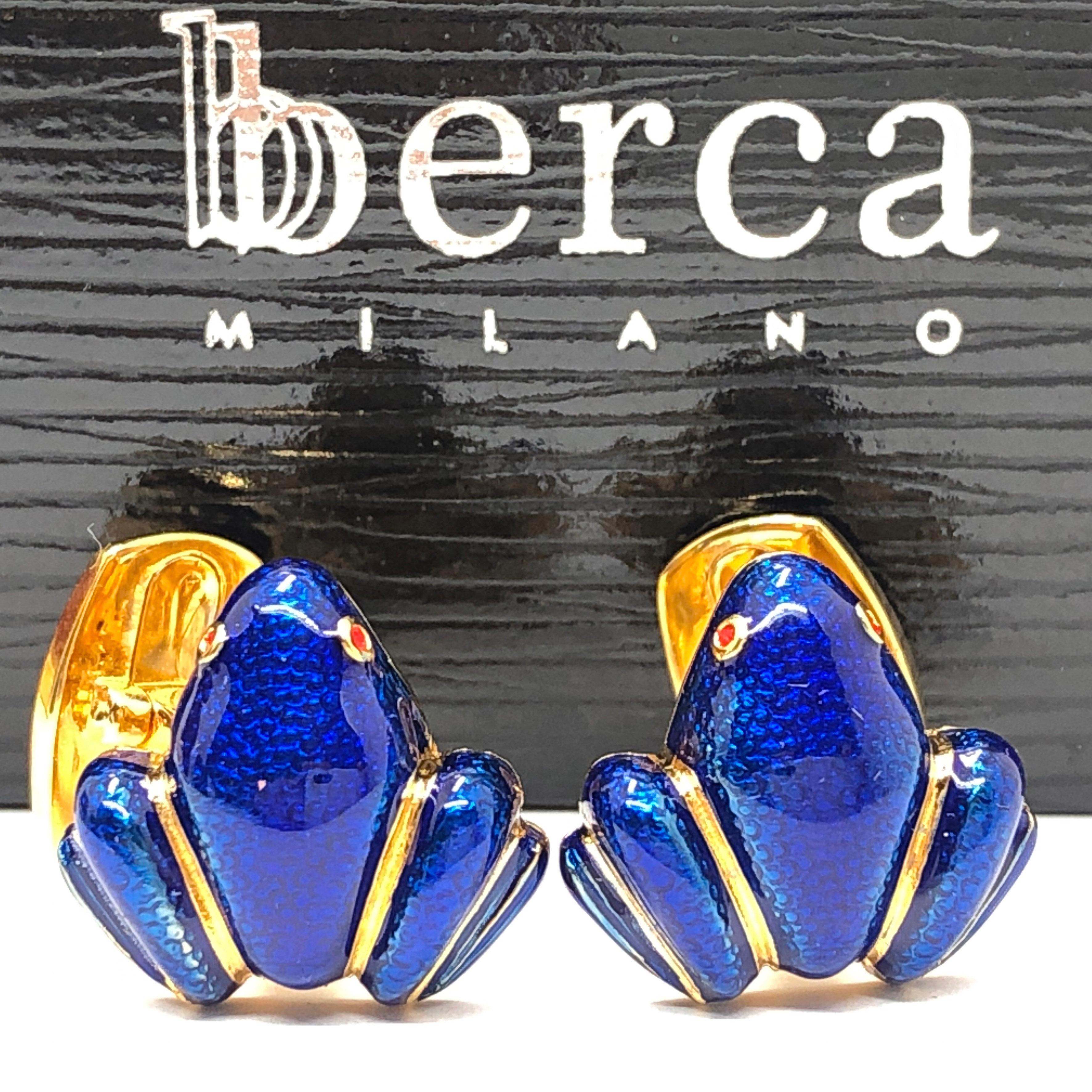 Berca Navy Blue Hand Enameled Frog Shaped Sterling Silver Gold-Plated Cufflinks For Sale 8