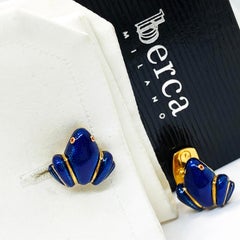 Berca Navy Blue Hand Enameled Frog Shaped Sterling Silver Gold-Plated Cufflinks