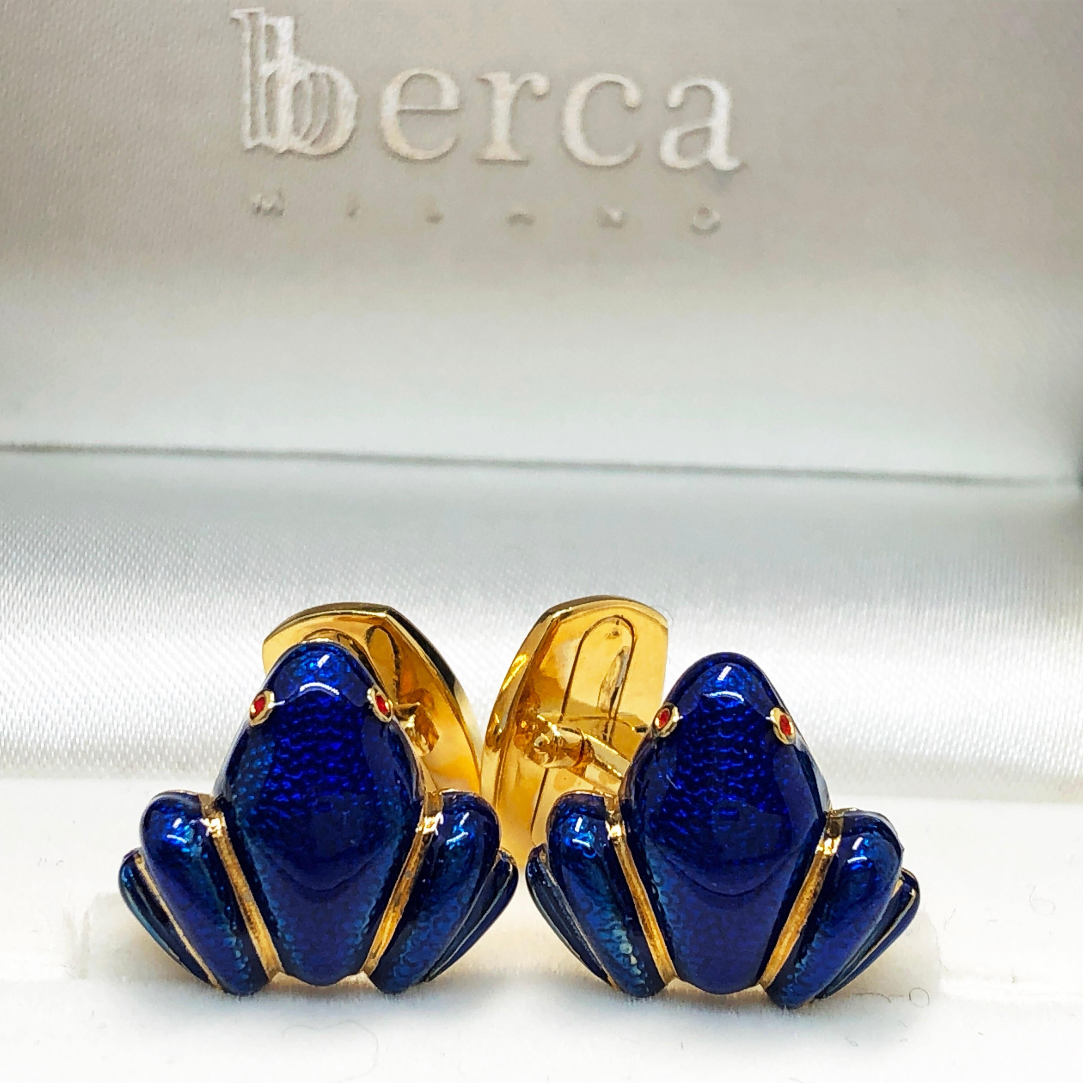 Contemporary Berca Navy Blue Hand Enameled Frog Shaped Sterling Silver Gold-Plated Cufflinks For Sale