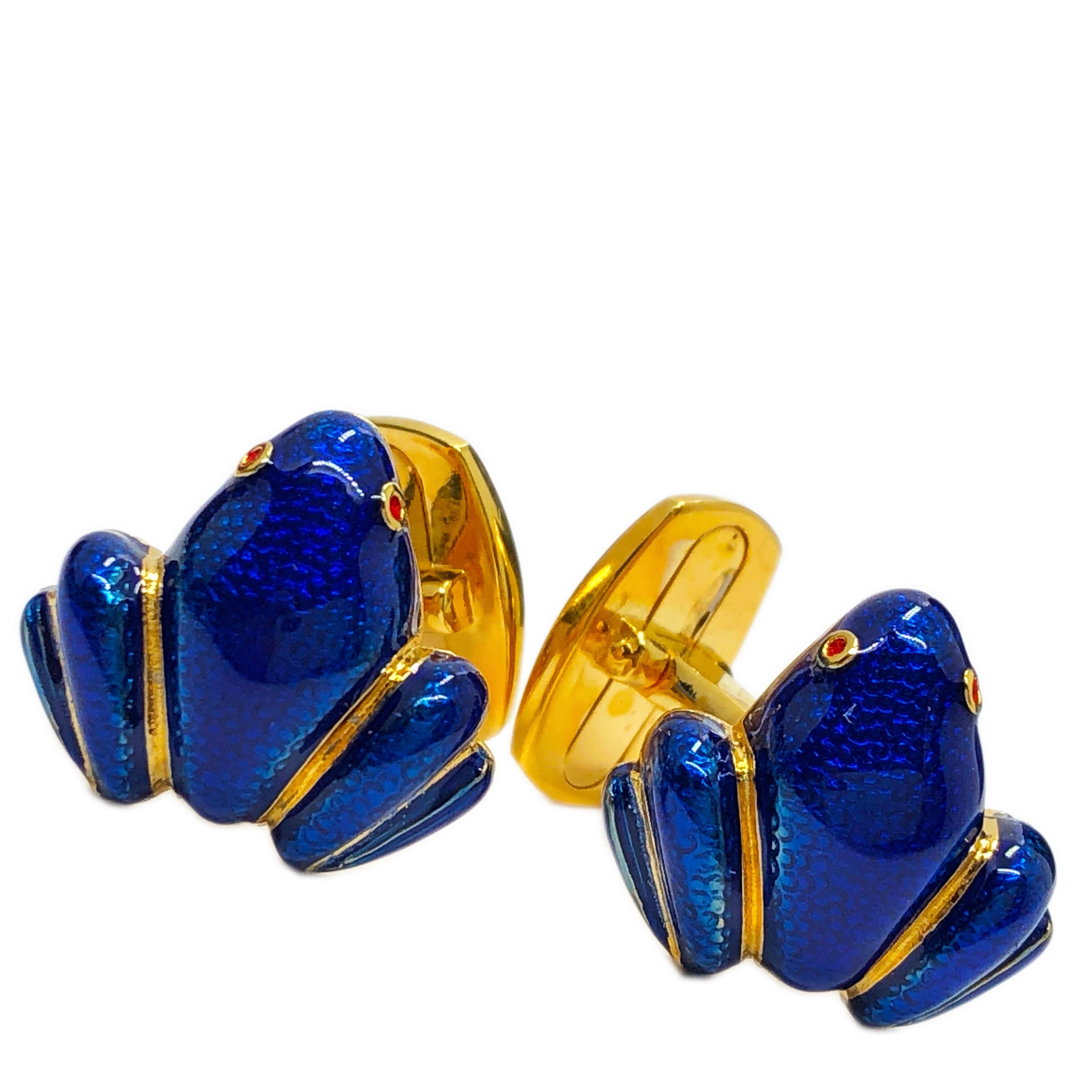 Men's Berca Navy Blue Hand Enameled Frog Shaped Sterling Silver Gold-Plated Cufflinks For Sale