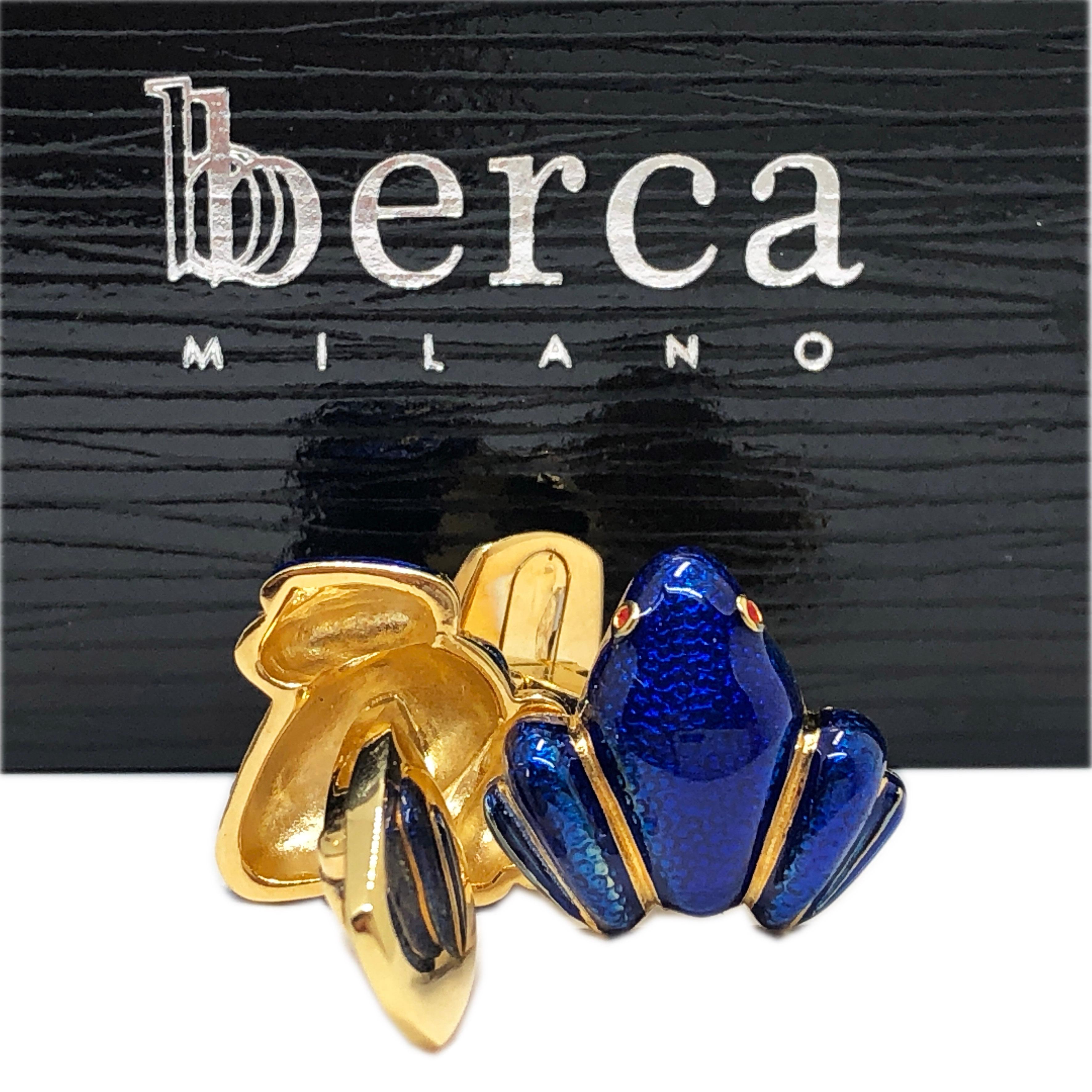 Berca Navy Blue Hand Enameled Frog Shaped Sterling Silver Gold-Plated Cufflinks For Sale 2