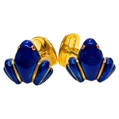 Berca Navy Blue Hand Enameled Frog Shaped Sterling Silver Gold-Plated Cufflinks