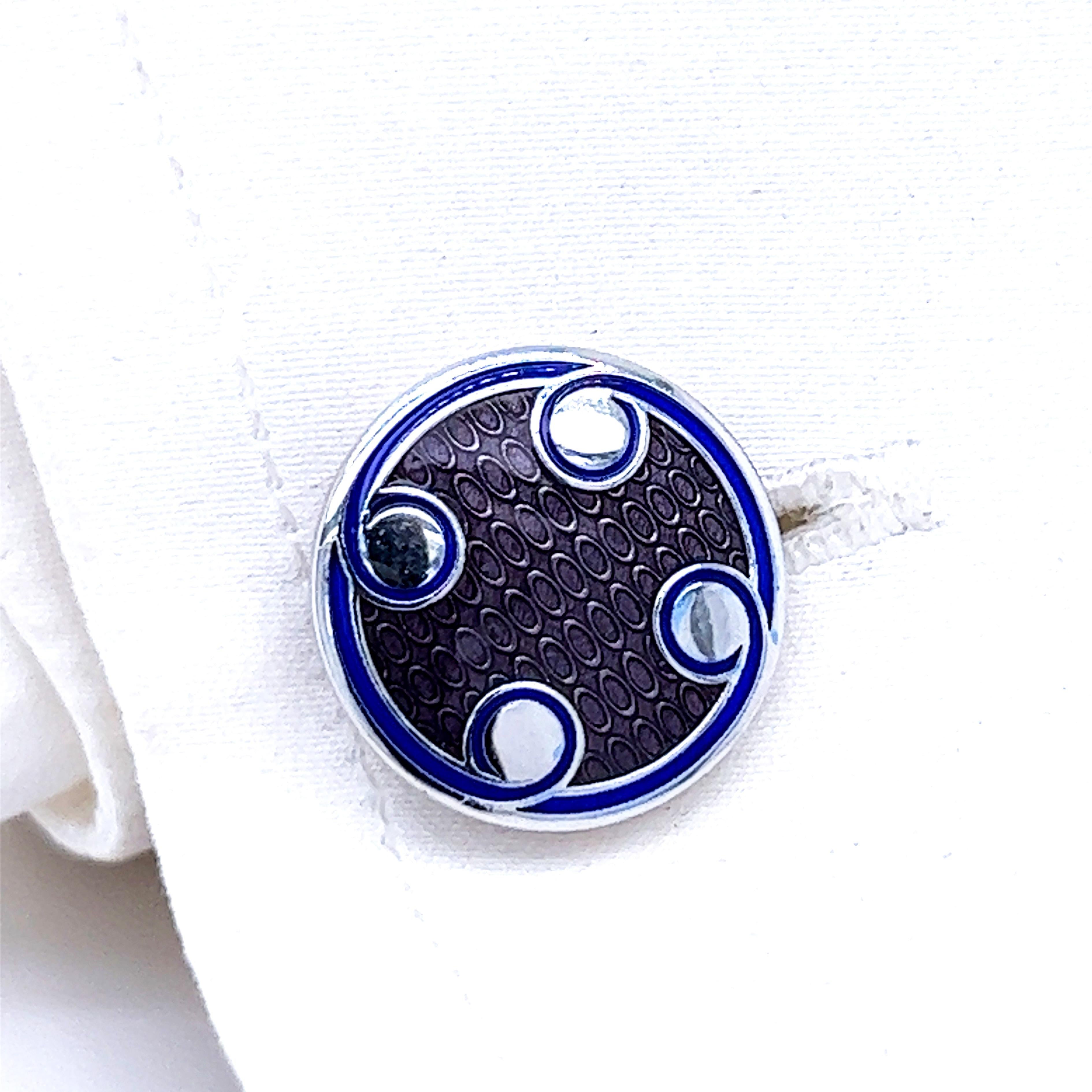 Contemporary Berca Navy Blue Transparent Grey Round Hand Enameled Sterling Silver Cufflinks For Sale