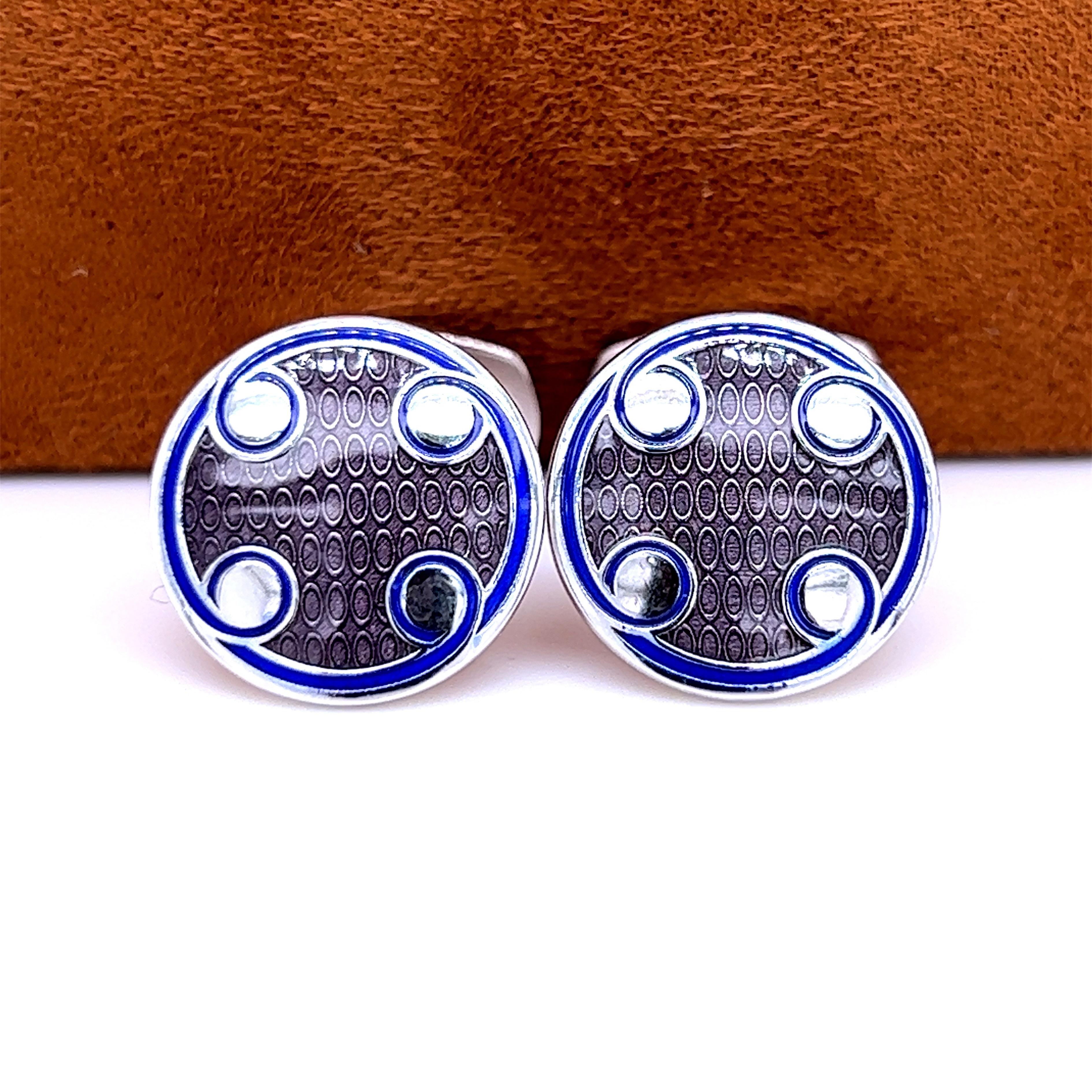 Berca Navy Blue Transparent Grey Round Hand Enameled Sterling Silver Cufflinks For Sale 1