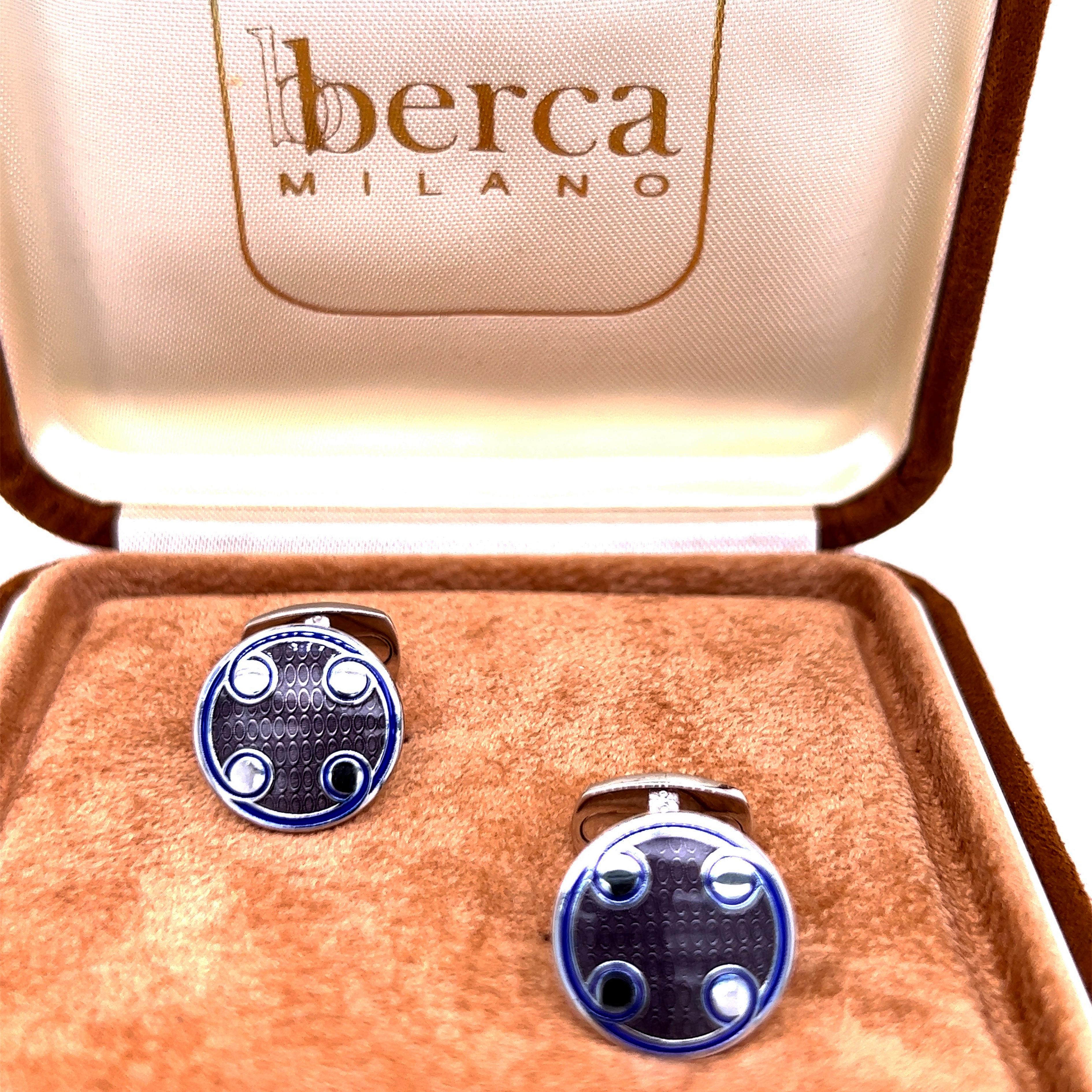 Berca Navy Blue Transparent Grey Round Hand Enameled Sterling Silver Cufflinks For Sale 2