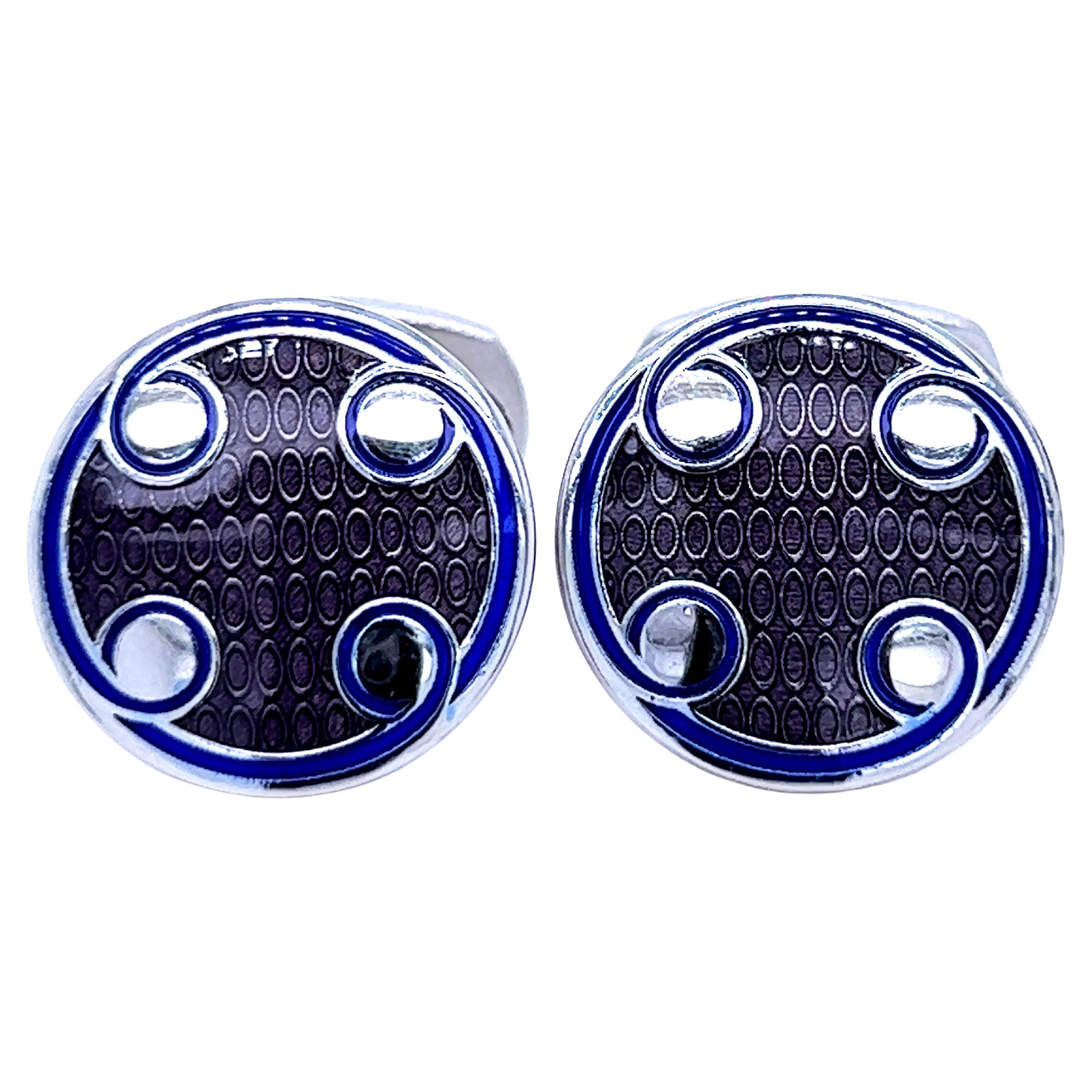 Berca Navy Blue Transparent Grey Round Hand Enameled Sterling Silver Cufflinks For Sale