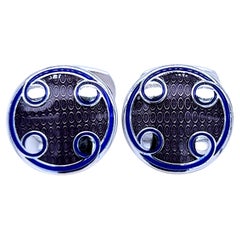 Berca Navy Blue Transparent Grey Round Hand Enameled Sterling Silver Cufflinks