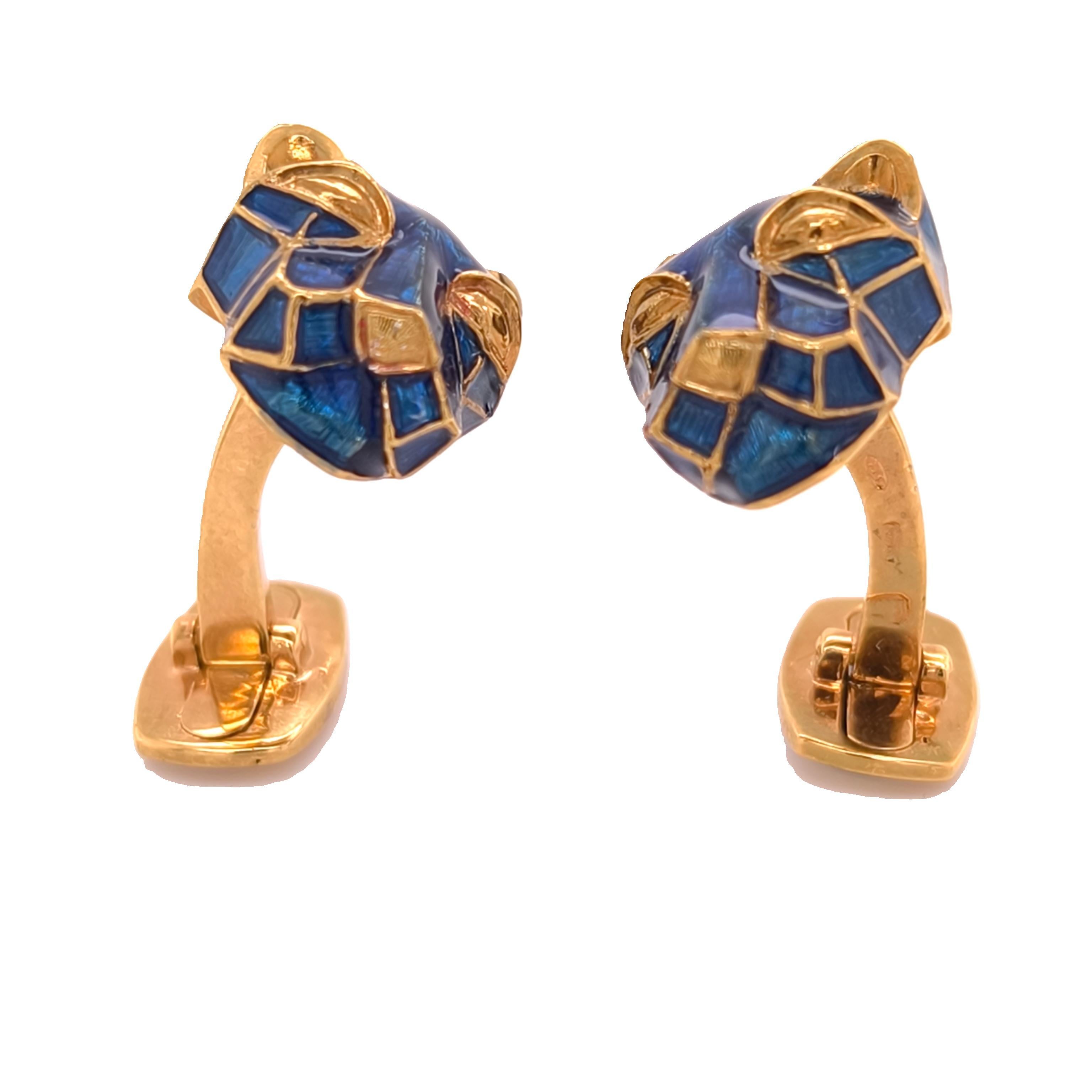 Contemporary Berca NavyBlue Enameled Cougar Head Shaped Sterling Silver Gold Plated Cufflinks For Sale