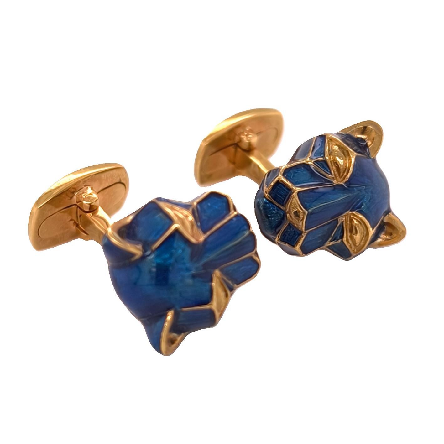 Berca NavyBlue Enameled Cougar Head Shaped Sterling Silver Gold Plated Cufflinks In New Condition For Sale In Valenza, IT