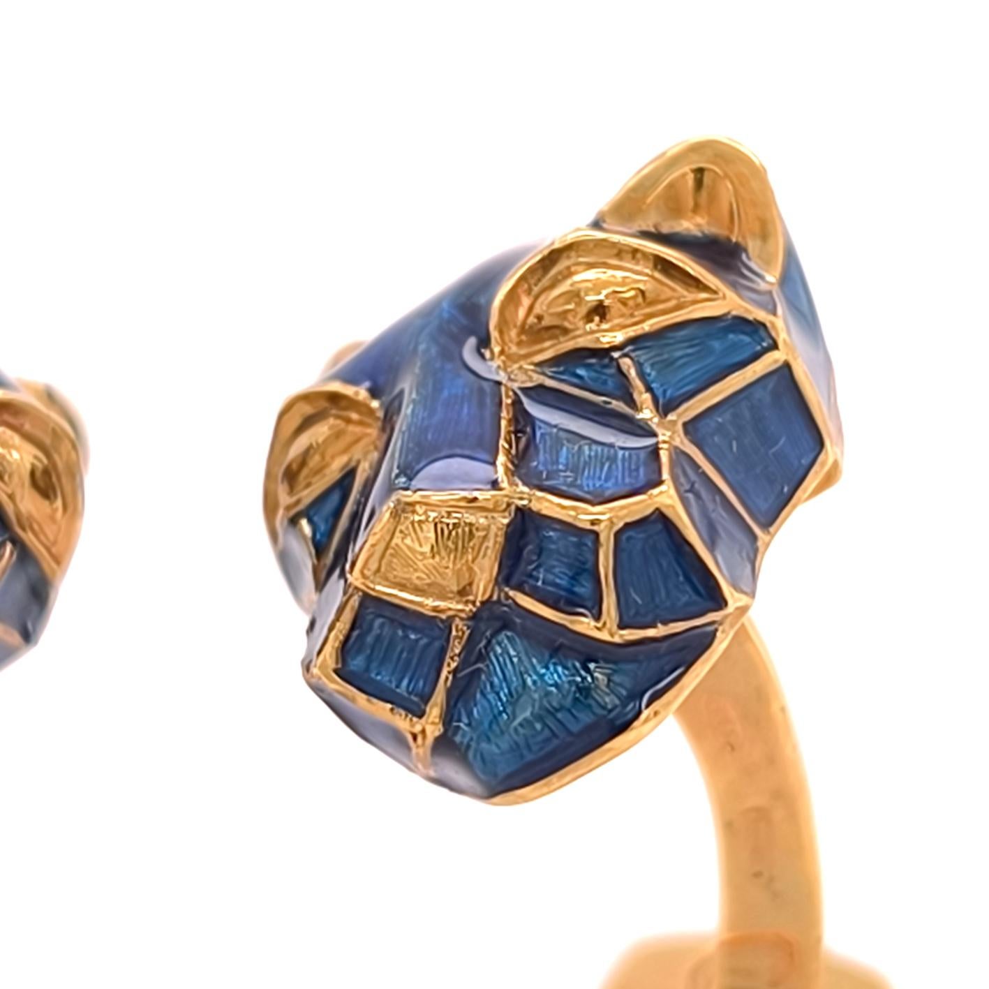 Men's Berca NavyBlue Enameled Cougar Head Shaped Sterling Silver Gold Plated Cufflinks For Sale