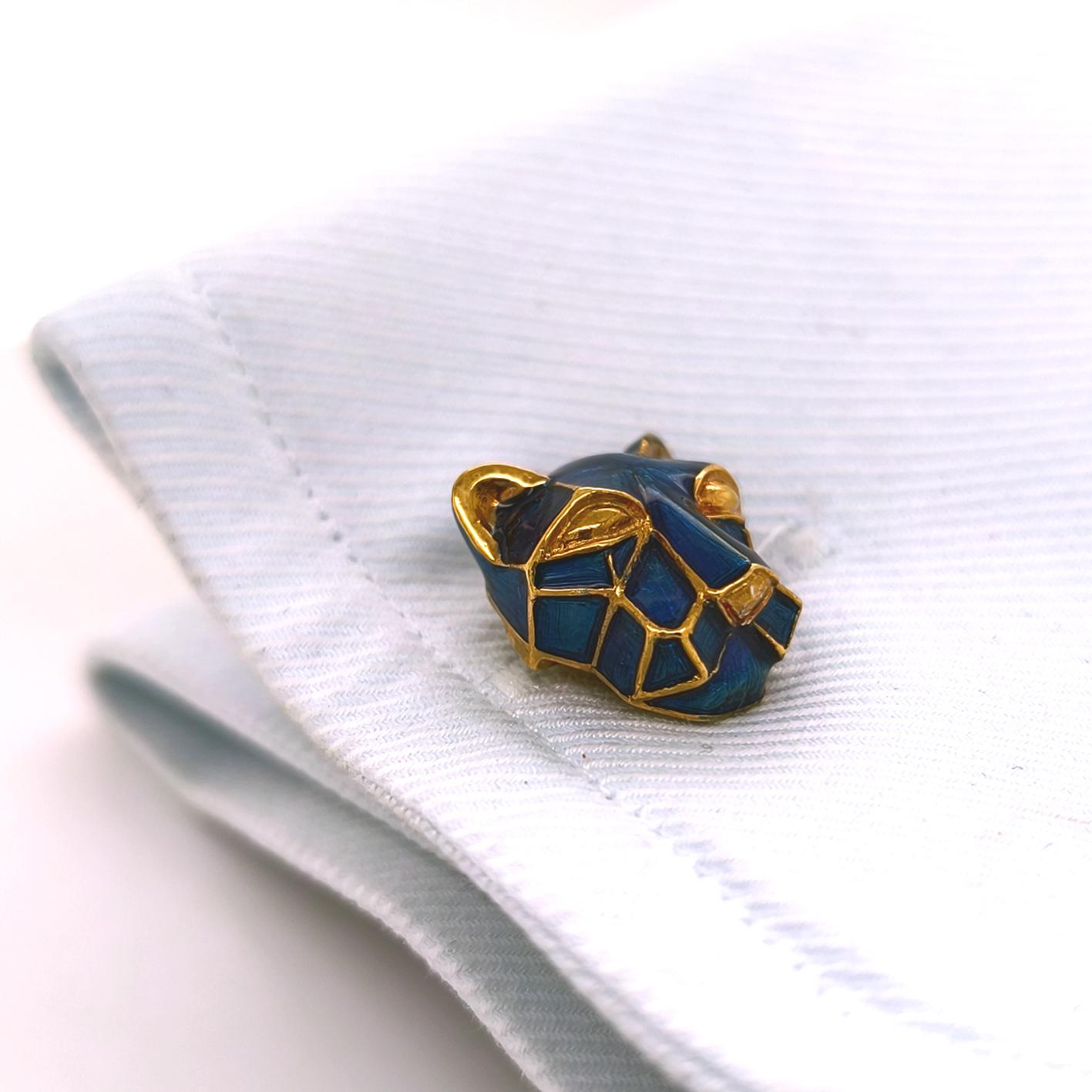 Berca NavyBlue Enameled Cougar Head Shaped Sterling Silver Gold Plated Cufflinks For Sale 2