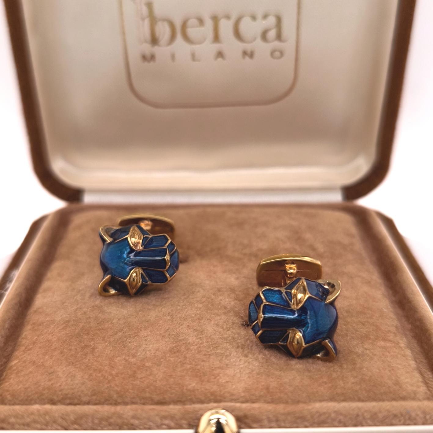 Berca NavyBlue Enameled Cougar Head Shaped Sterling Silver Gold Plated Cufflinks For Sale 3