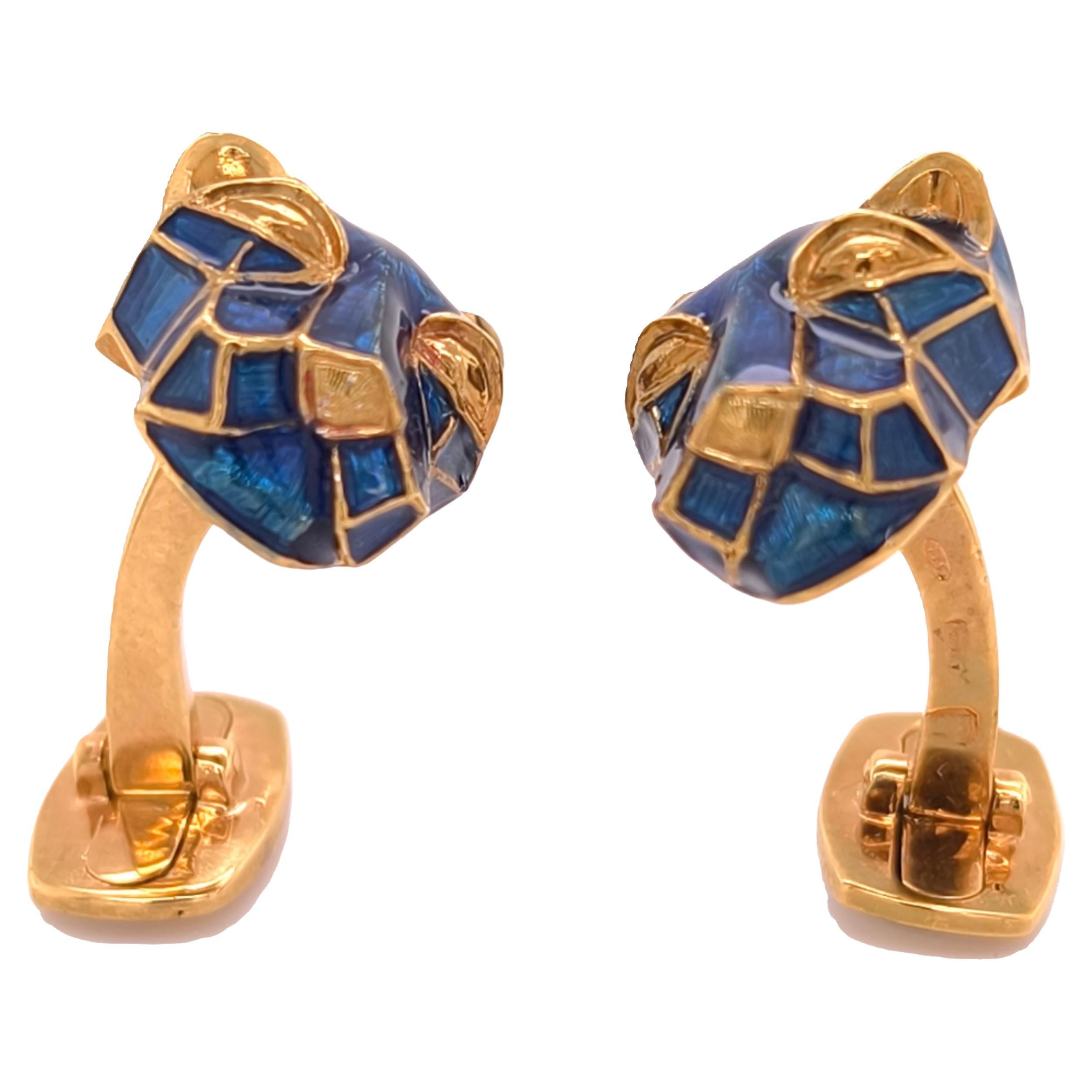 Berca NavyBlue Enameled Cougar Head Shaped Sterling Silver Gold Plated Cufflinks