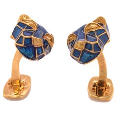 Berca NavyBlue Enameled Cougar Head Shaped Sterling Silver Gold Plated Cufflinks