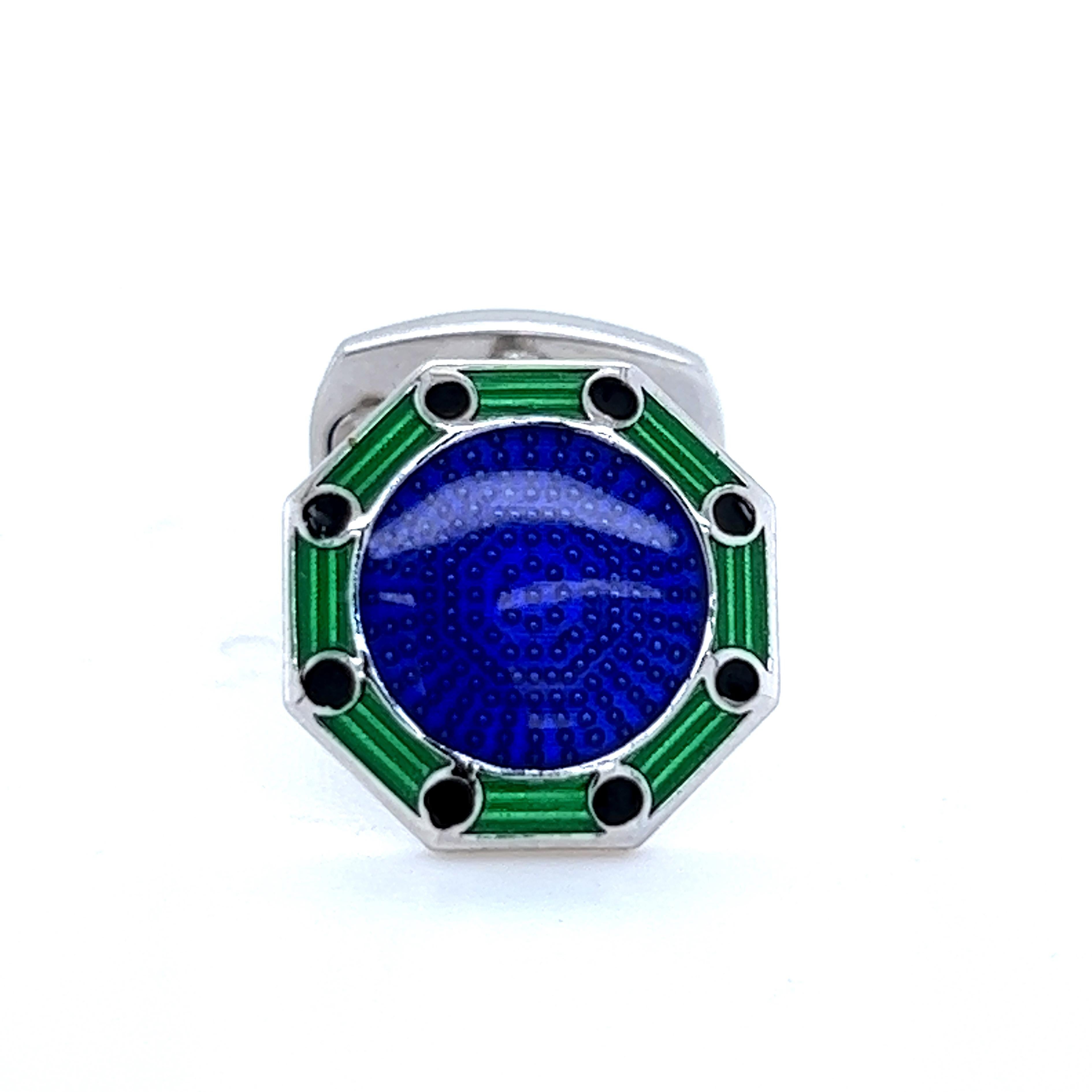 Chic yet Timeless Octagonal Green, Navy Blue, Little Black Dots Hand Enamelled Sterling Silver Cufflinks, T-bar back.
In our Smart Fitted Suede Leather Case and Pouch.

Front Diameter 0.55 inches.