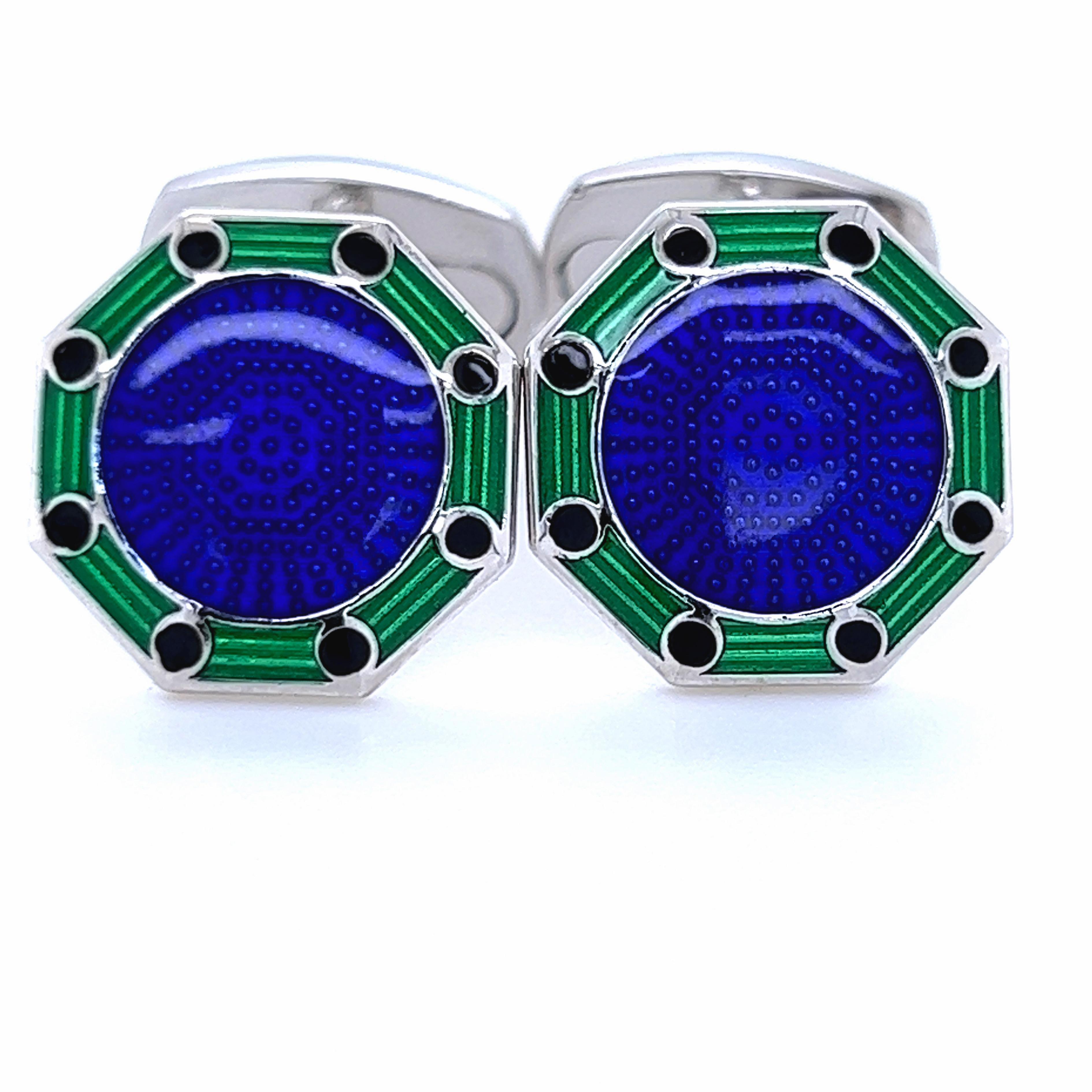 Contemporary Berca Octagonal Navy Blue Green Enameled Sterling Silver Cufflinks T-Bar Back For Sale