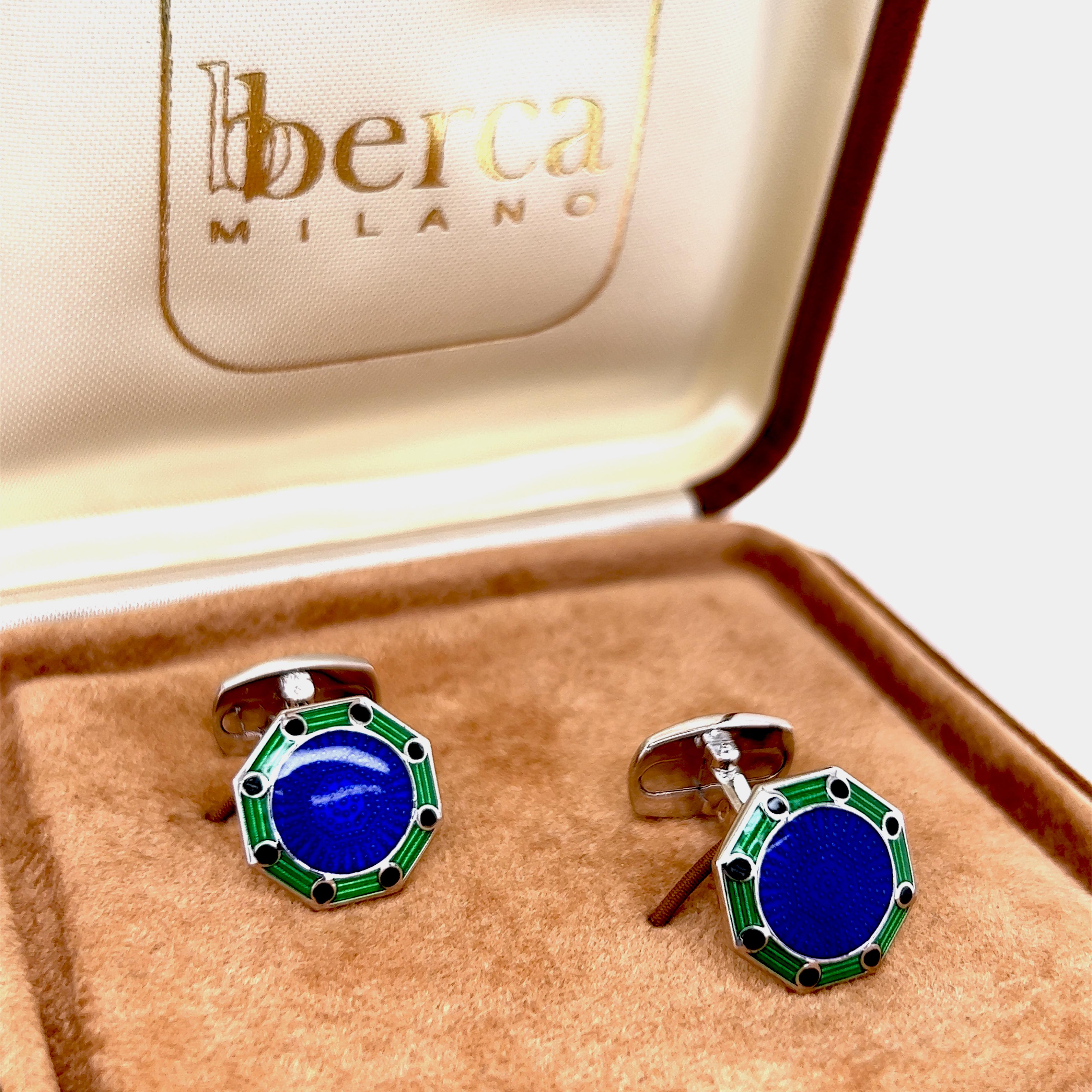 Berca Octagonal Navy Blue Green Enameled Sterling Silver Cufflinks T-Bar Back In New Condition For Sale In Valenza, IT