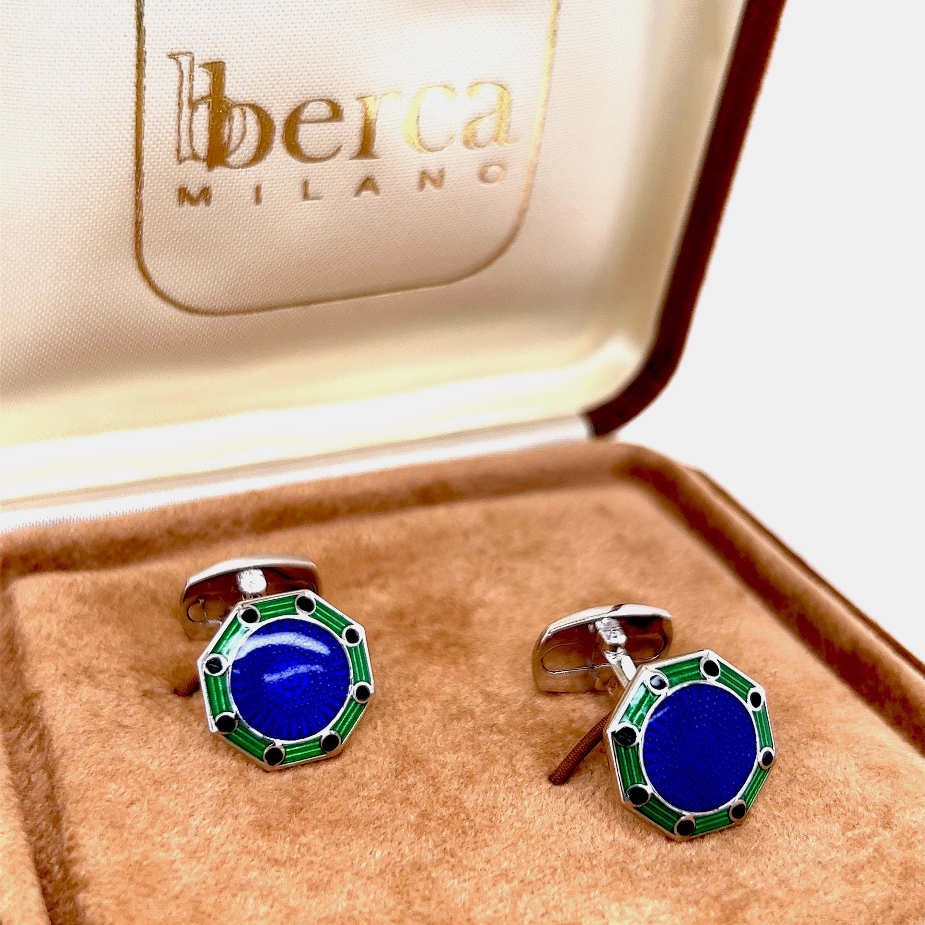 Berca Boutons de manchette octogonaux en argent sterling émaillé bleu marine et vert, dos en T Neuf - En vente à Valenza, IT