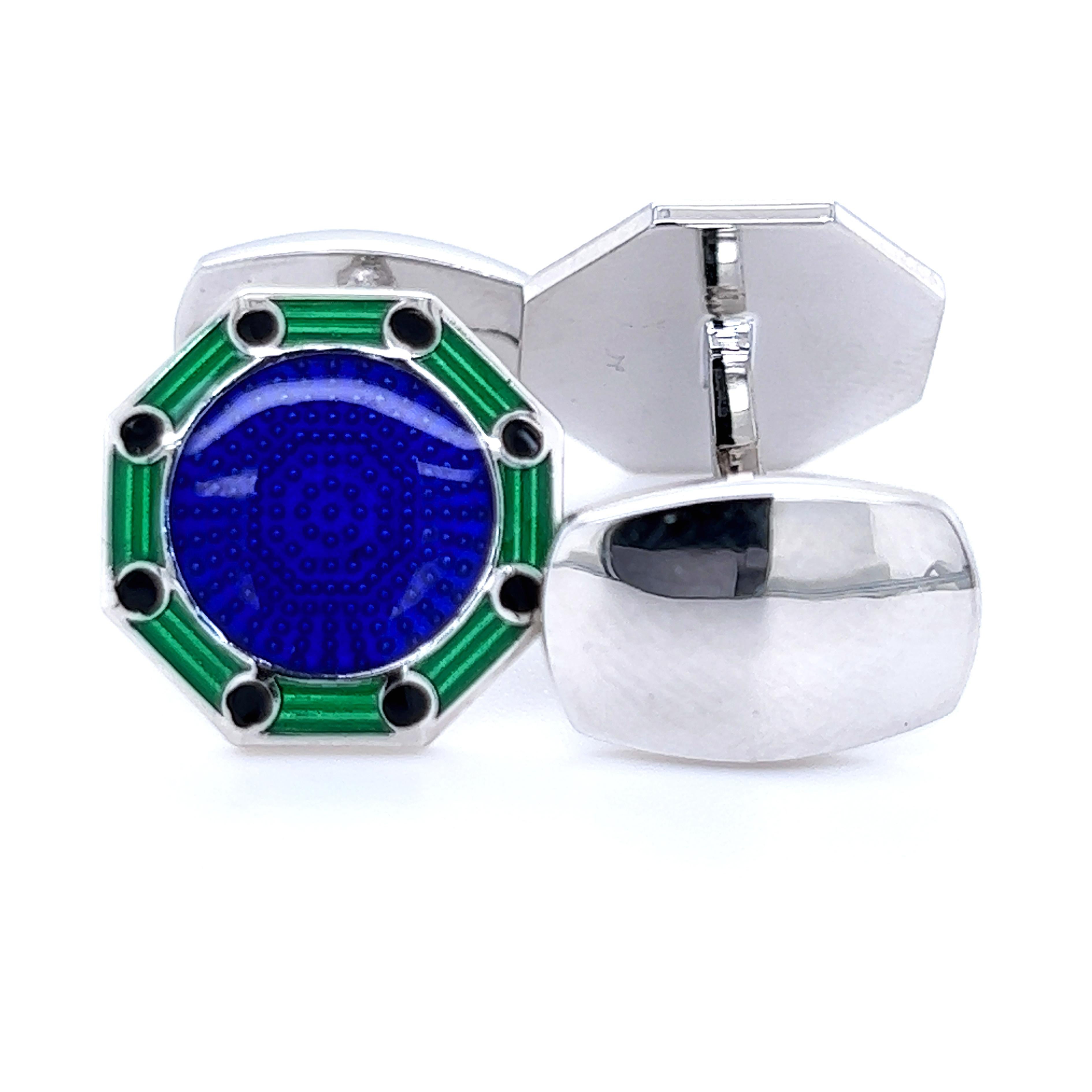 Berca Octagonal Navy Blue Green Enameled Sterling Silver Cufflinks T-Bar Back For Sale 1