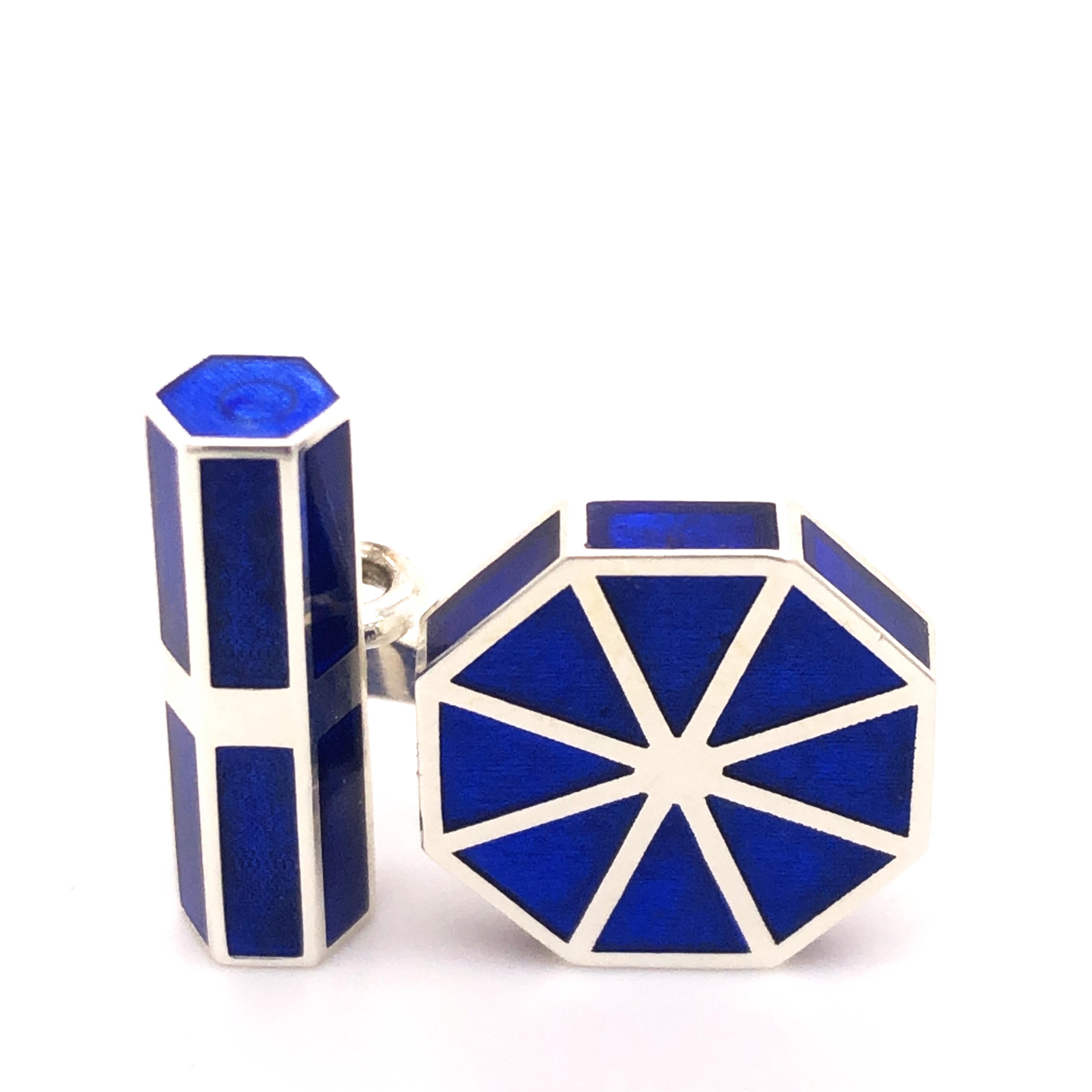 Unique, Chic yet Timeless Royal Blue  Hand Enameled, Handcrafted Octagonal Sterling Silver Cufflinks.
In our Smart Black Box and Pouch.