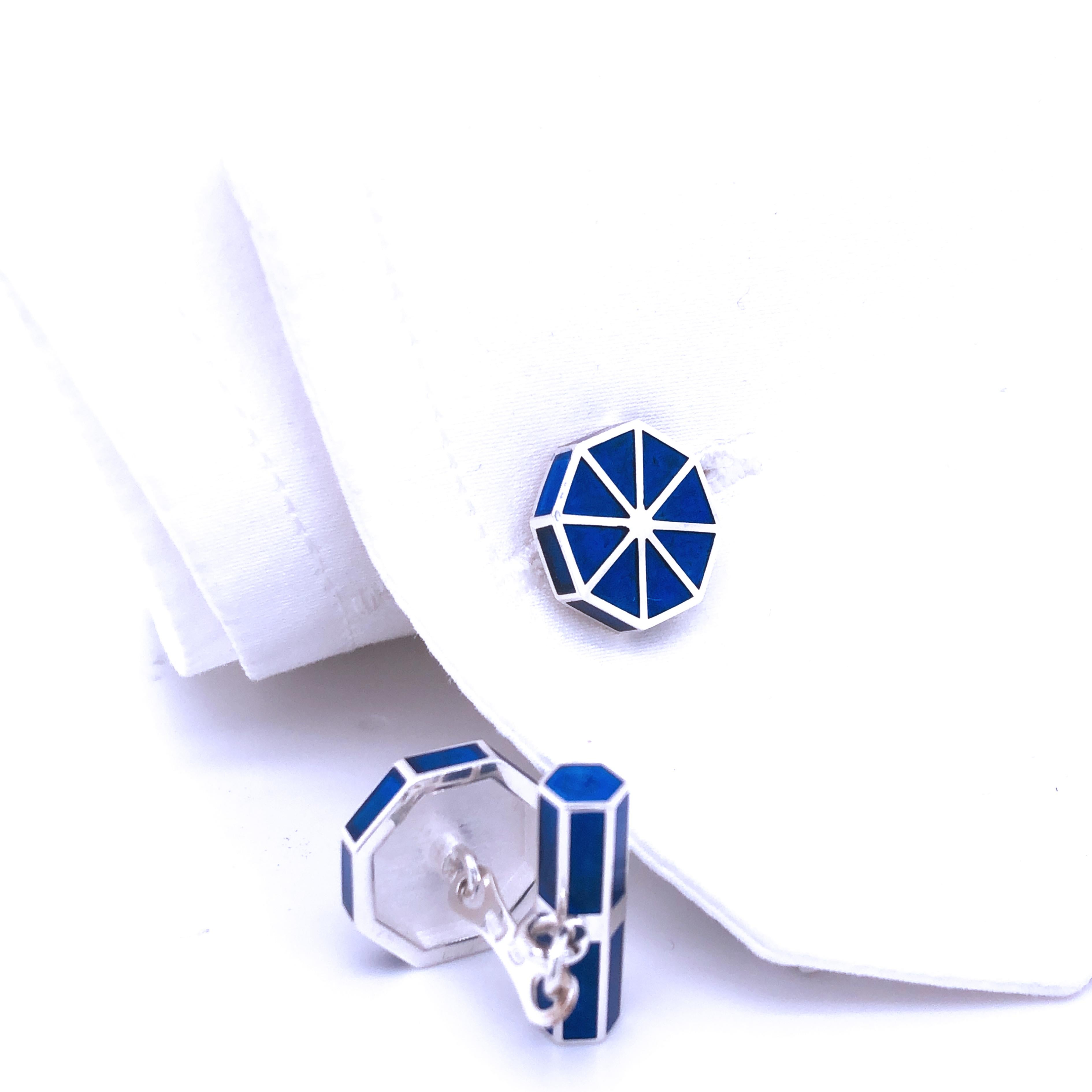 Contemporary Berca Octagonal Royal Blue Hand Enameled Sterling Silver Cufflinks For Sale