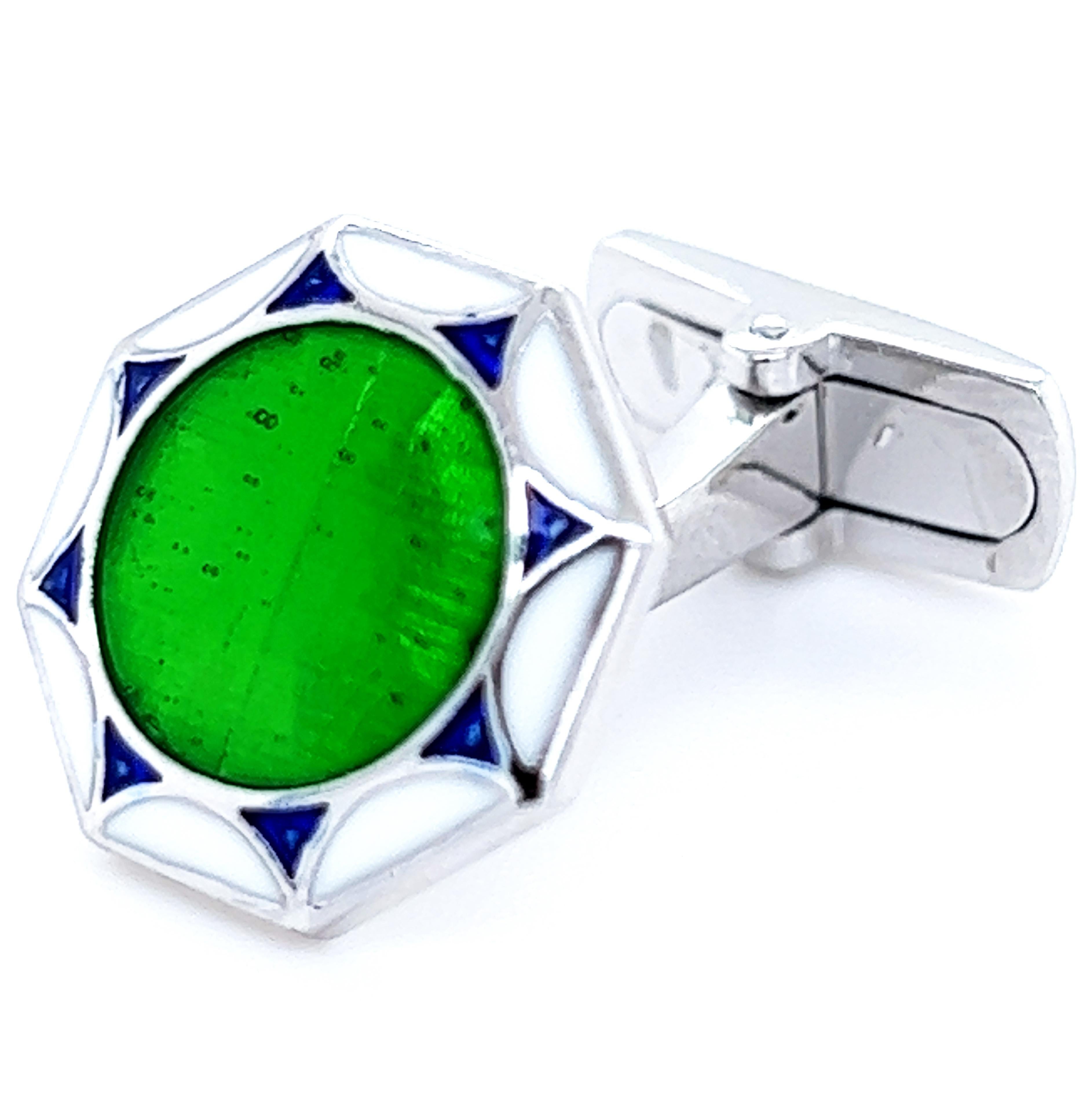 Chic yet Timeless Octagonal Vivid Transparent Green, White, Navy Blue Triangles Hand Enamelled Sterling Silver Cufflinks, T-bar back.
In our Smart Fitted  Suede Leather Box and Pouch.

Front Diameter 0.55 inches.