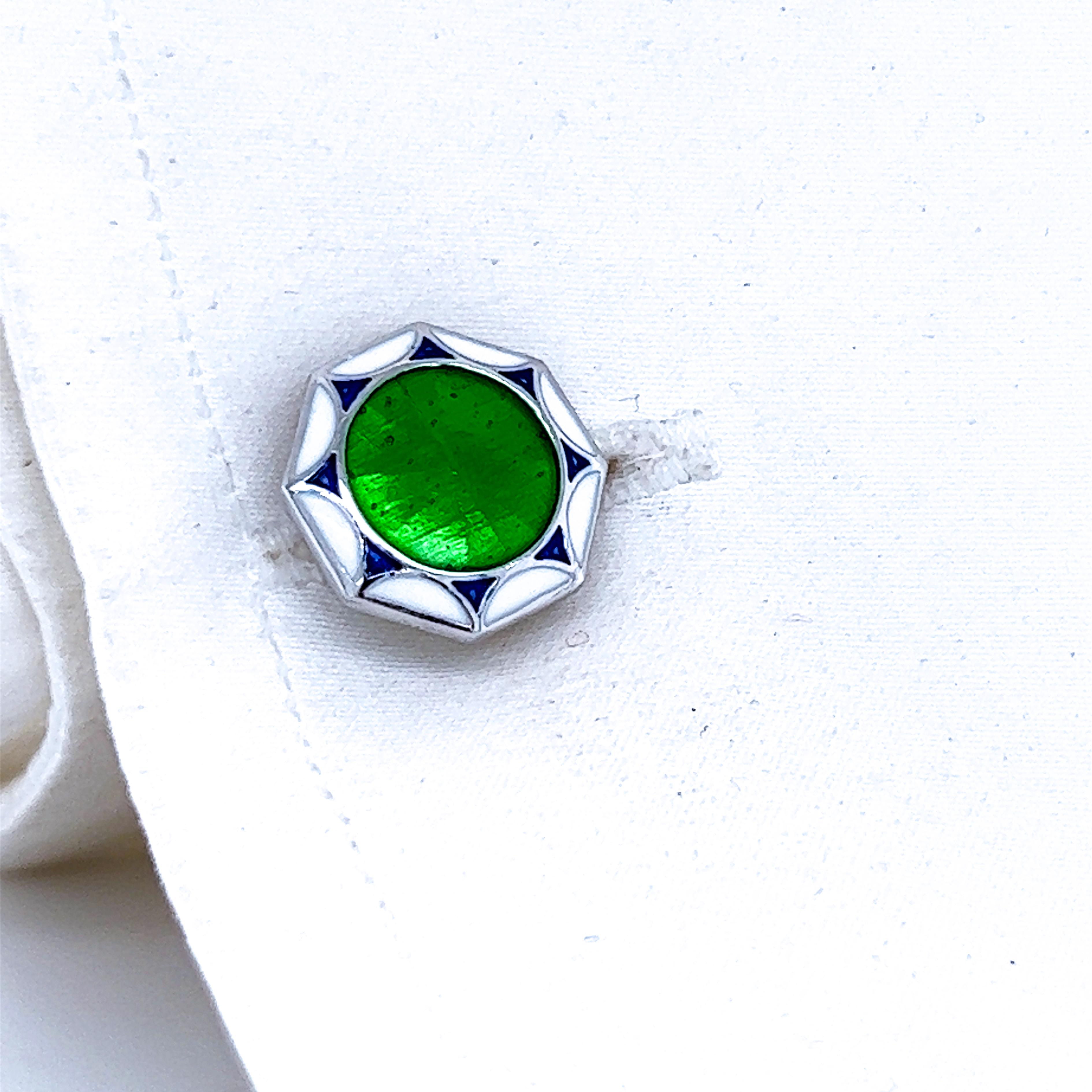 Berca Octagonal White Blue Green Enameled Sterling Silver Cufflinks T-Bar Back In New Condition For Sale In Valenza, IT