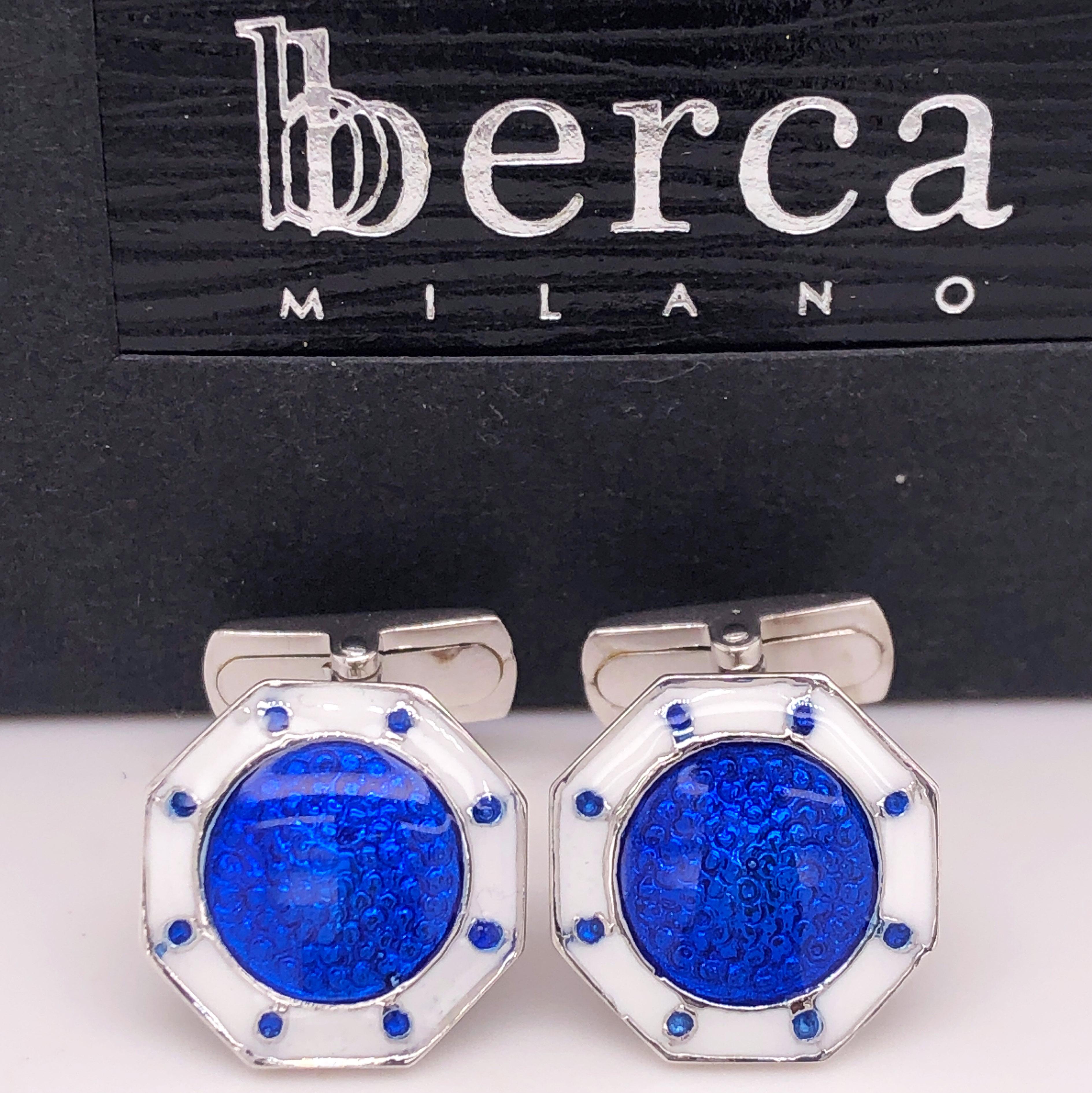 Chic yet Timeless Octagonal White, Navy Blue Hand Enamelled Sterling Silver Cufflinks, T-bar back.
In our Smart Fitted Black Box and Pouch.

Front Diameter 0.55 inches.