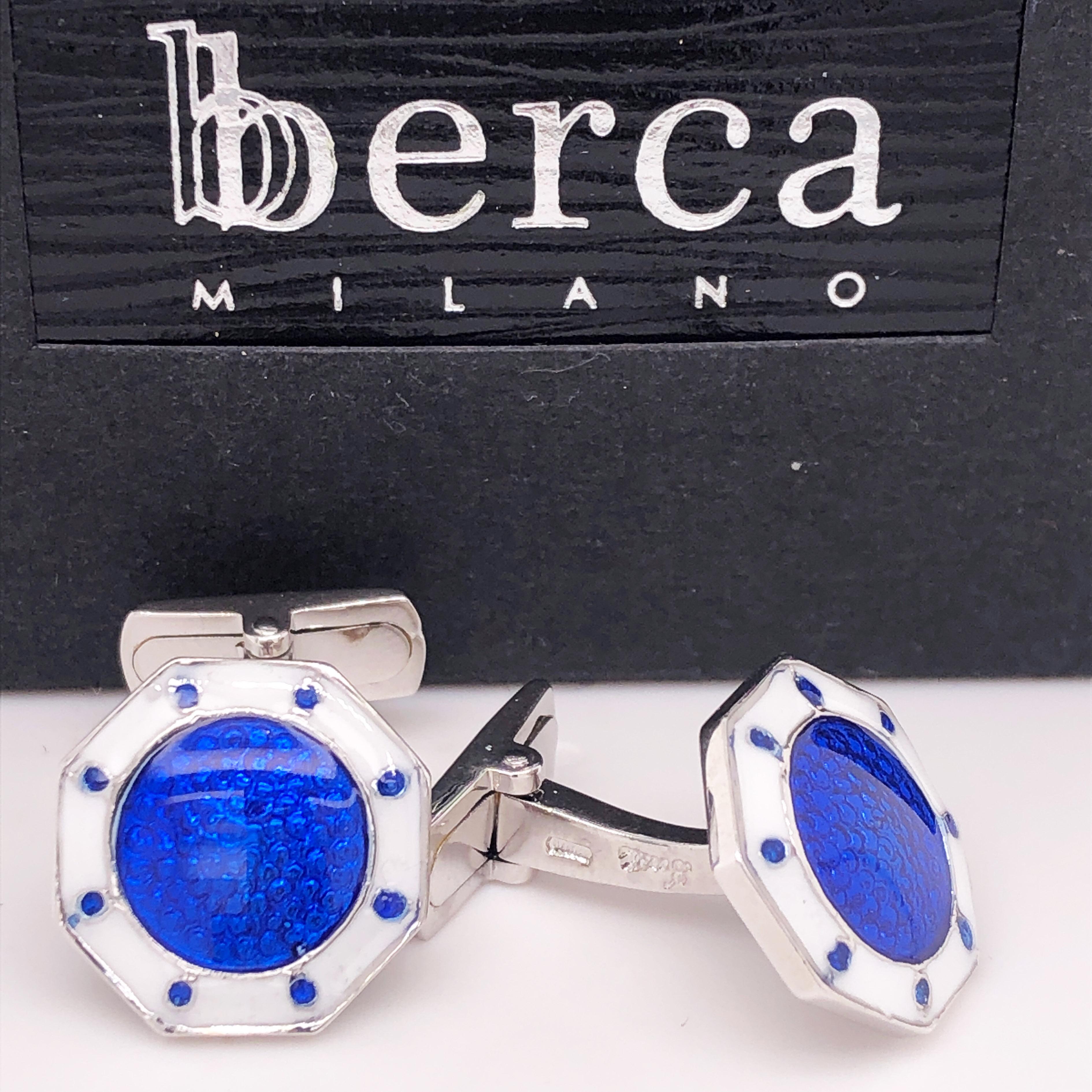 Berca Octagonal White Navy Blue Enameled Sterling Silver Cufflinks T-Bar Back For Sale 2