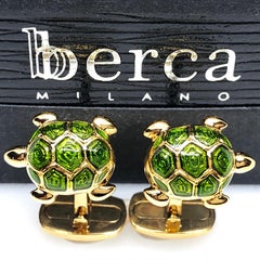 Berca Olive Green Enameled Turtle Shaped Sterling Silver Gold-Plated Cufflinks