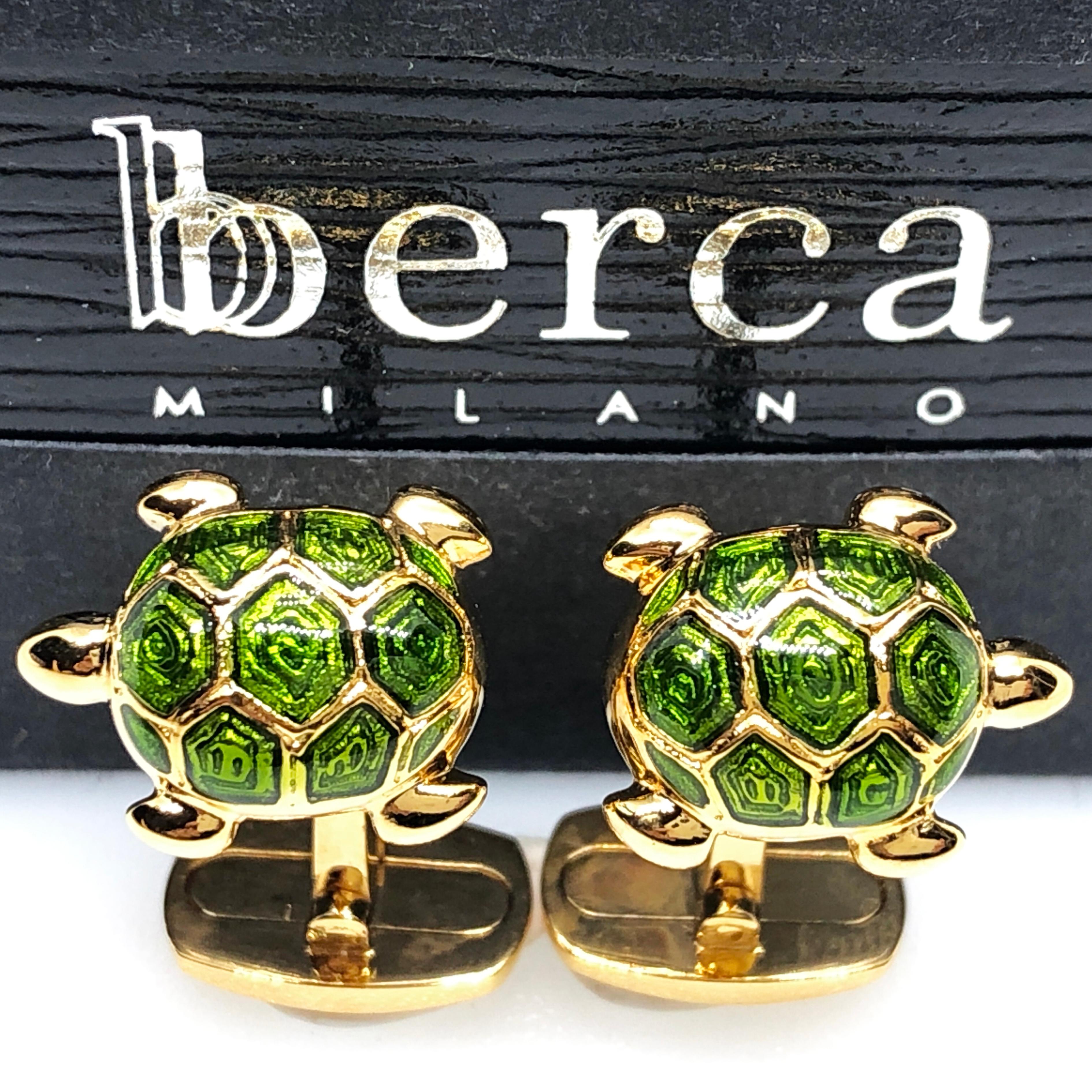 Unique and Chic Light Green Hand Enamelled Little Turtle Shaped T-Bar Back, Sterling Silver Yellow Gold Plated Cufflinks.
These cufflinks are handcrafted by the fine craftsmen of the Berca atelier in Italy and are delivered in an elegant box. Each