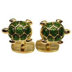 Berca Olive Green Enameled Turtle Shaped Sterling Silver Gold-Plated Cufflinks