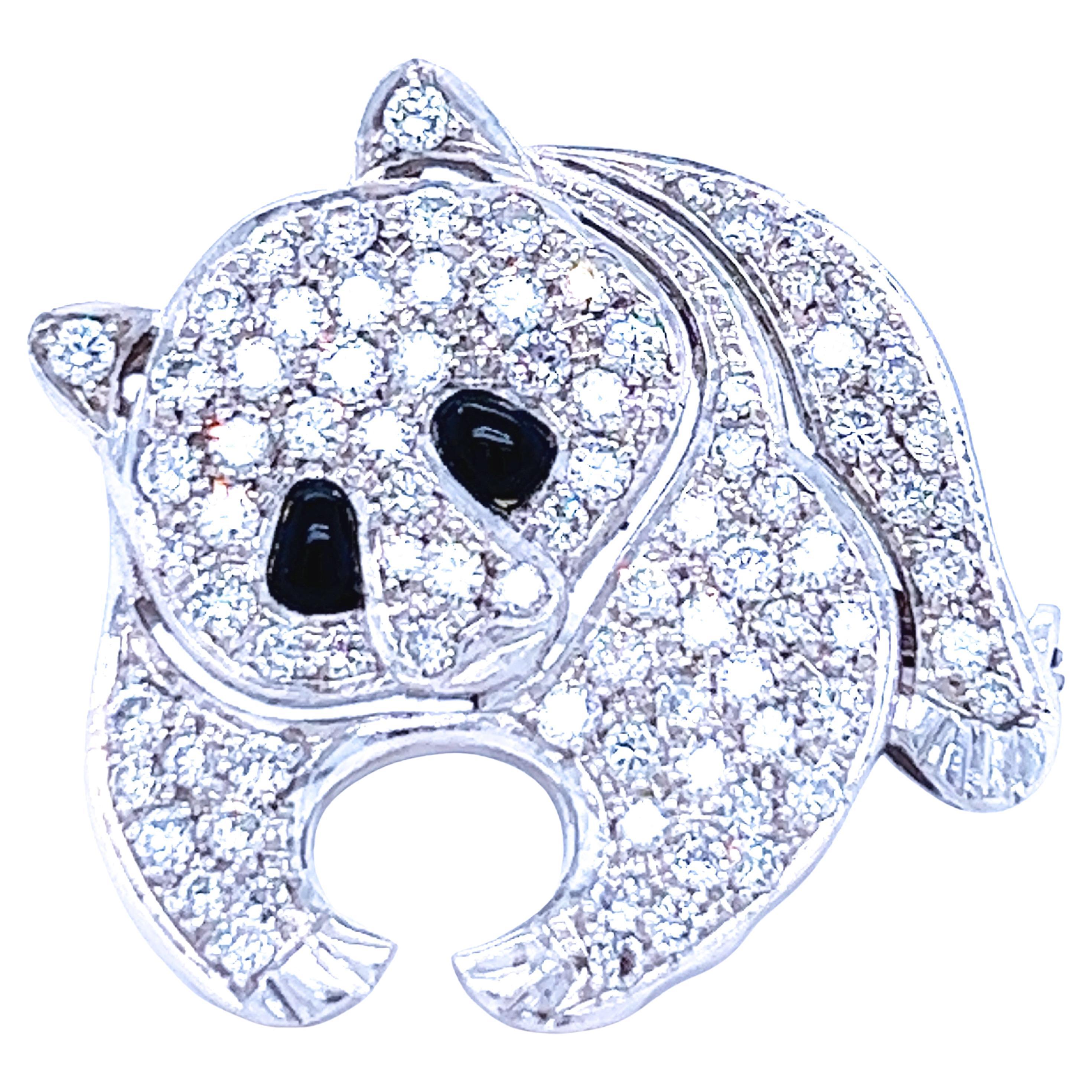 Berca One-of-a-kind 1.10 Carat White Diamond Onyx Platinum Panda Brooch For Sale