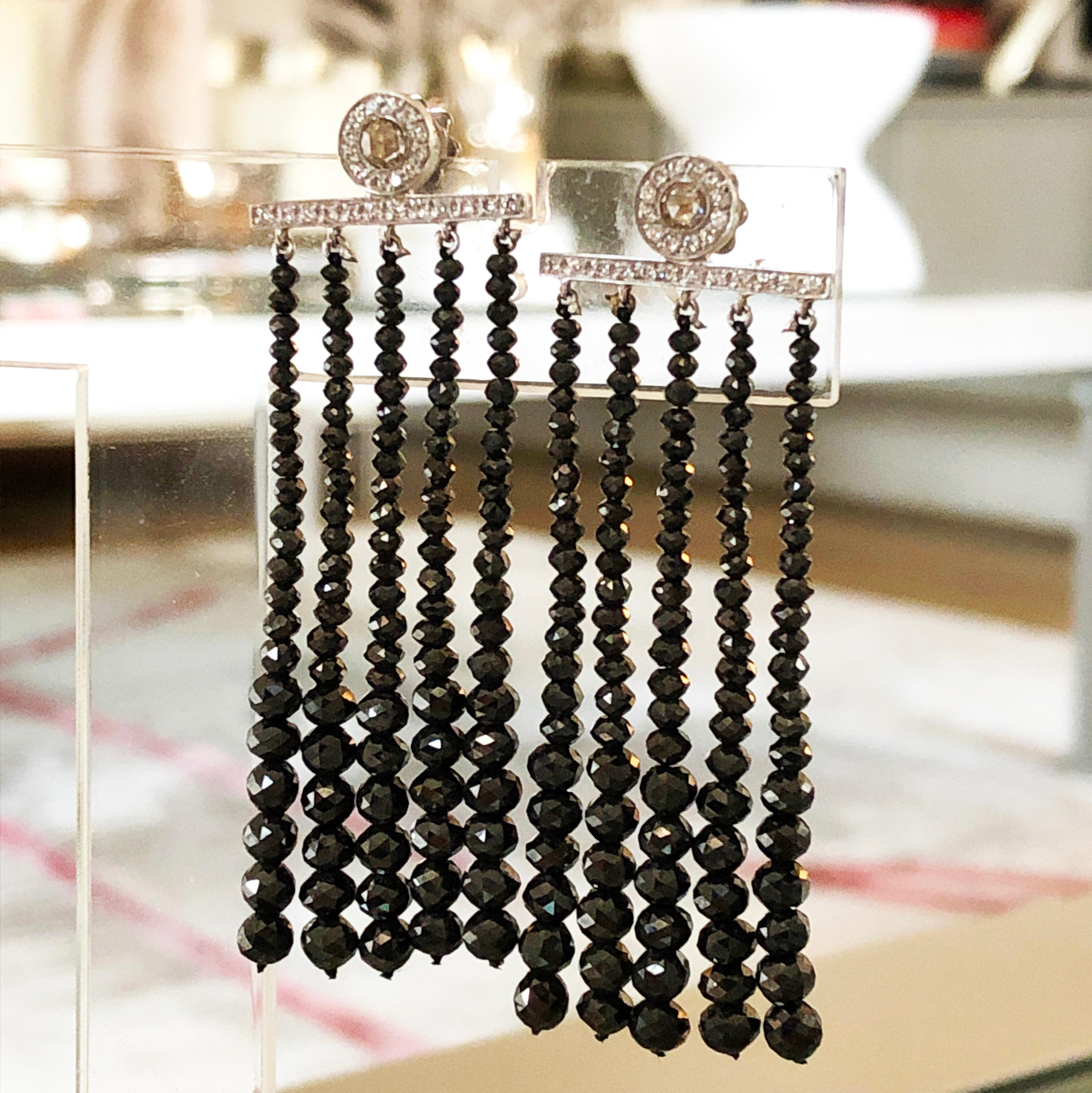 Berca One-of-a-Kind 75.37Kt Black White Diamond White Gold Chandelier Earrings For Sale 3