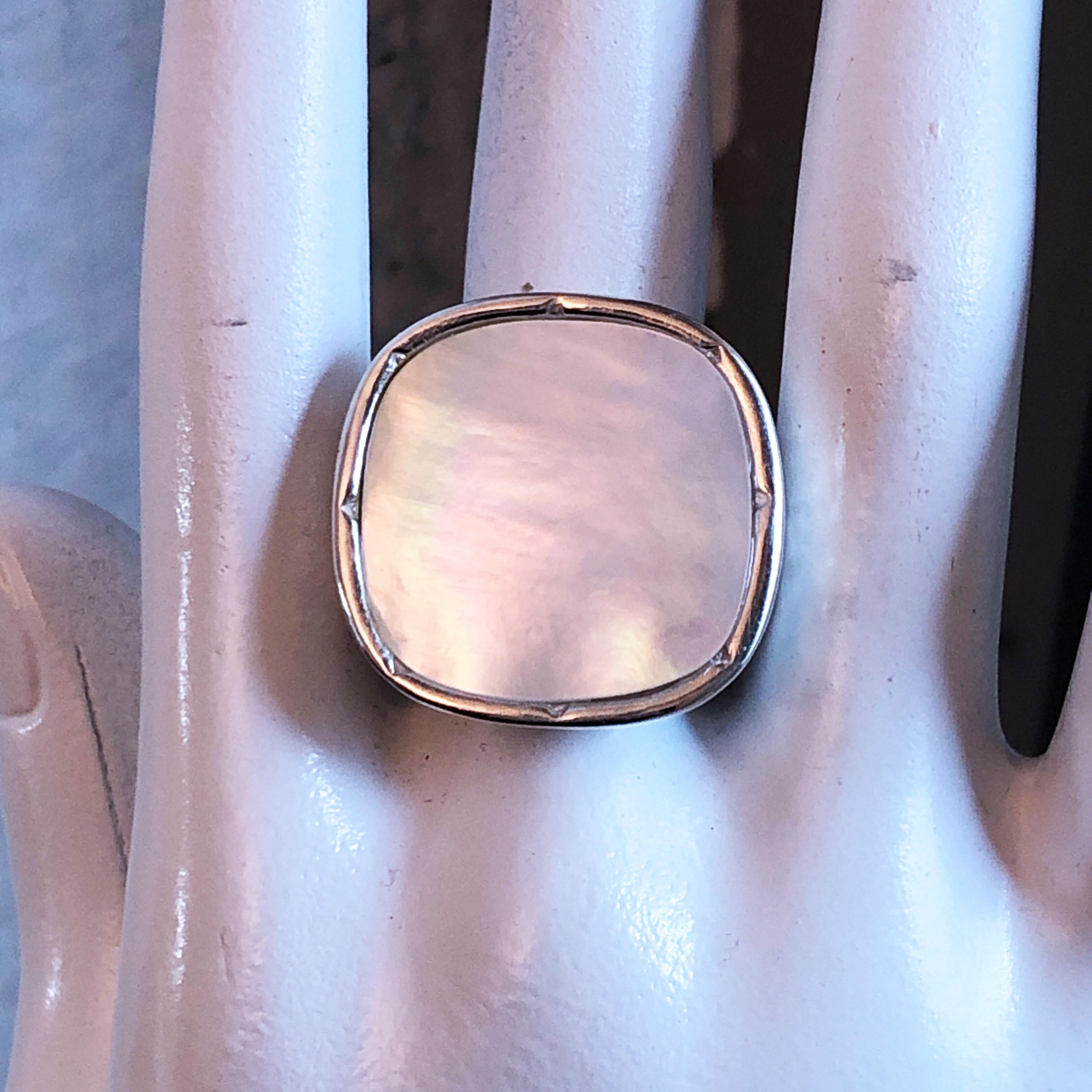 Women's Berca White Mother of Pearl Antik Cut Hand Engraved Sterling Silver Ring